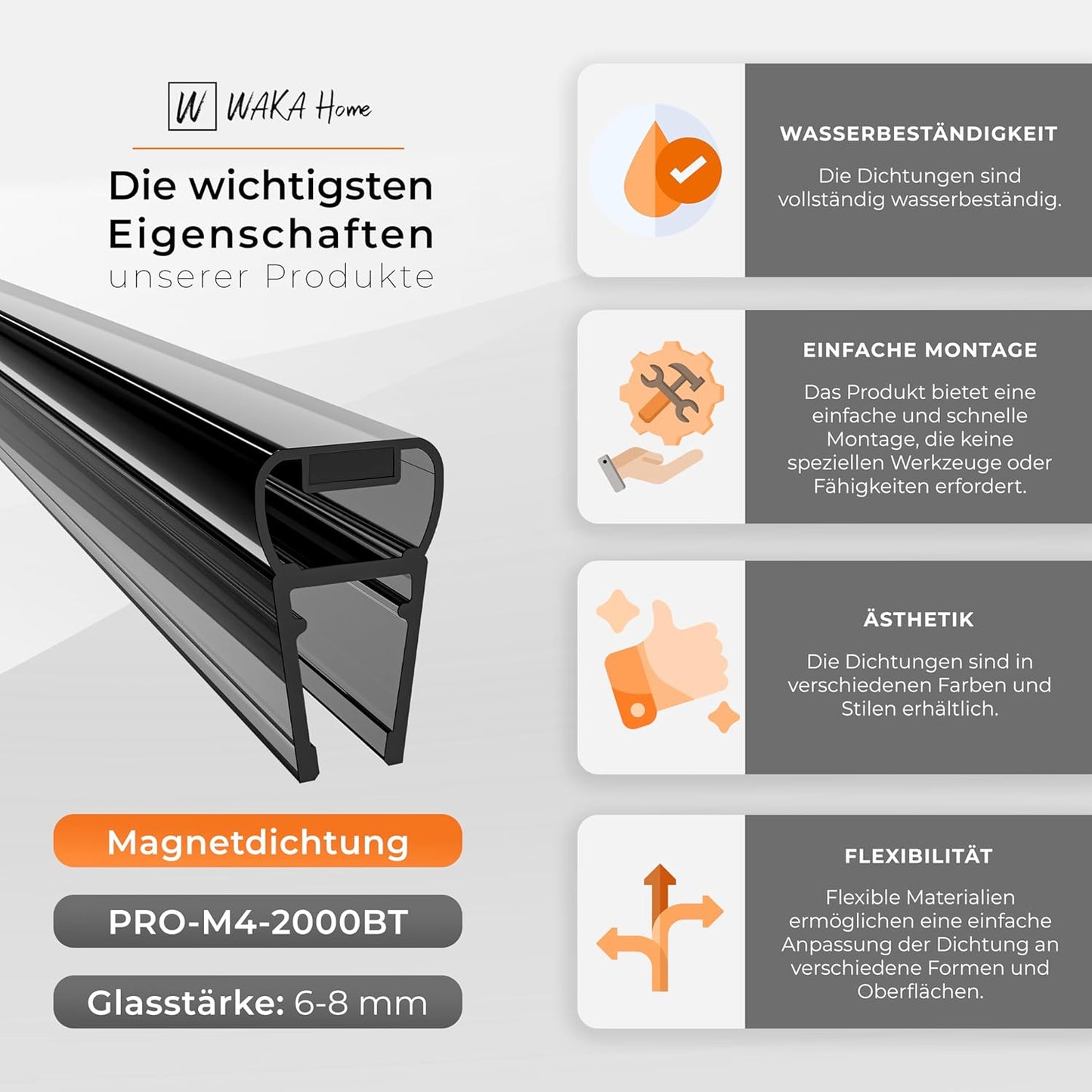 Duschdichtung-Set für Glastüren (180°, 6-8mm), Schwarz-transparent 6-8mm Glas | 180°