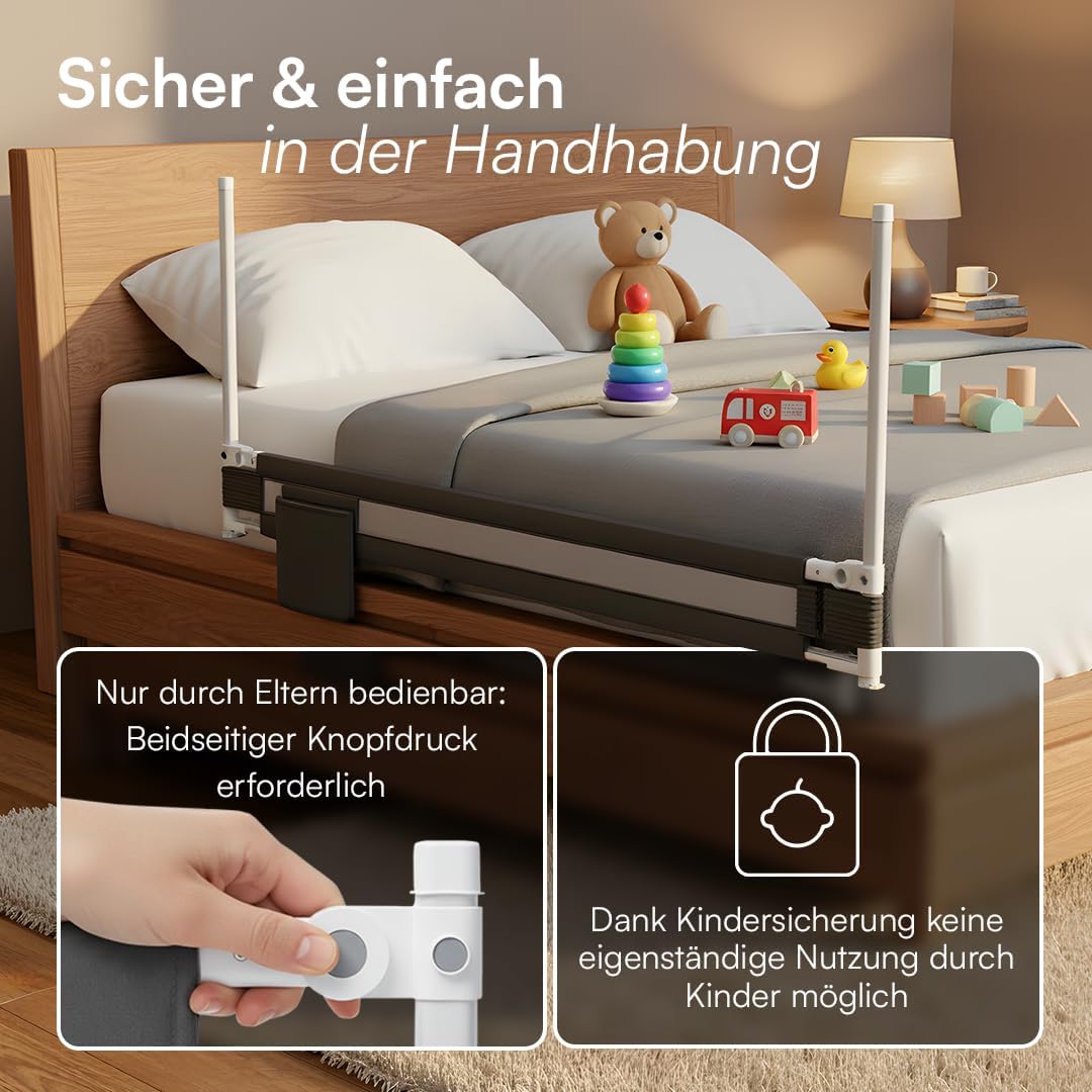Höhenverstellbares Bettschutzgitter, Dunkelgrau - mit Gurt 180 cm