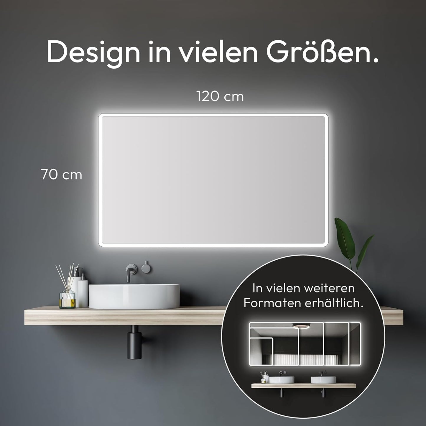 Badspiegel mit Beleuchtung, 120L x 70B cm