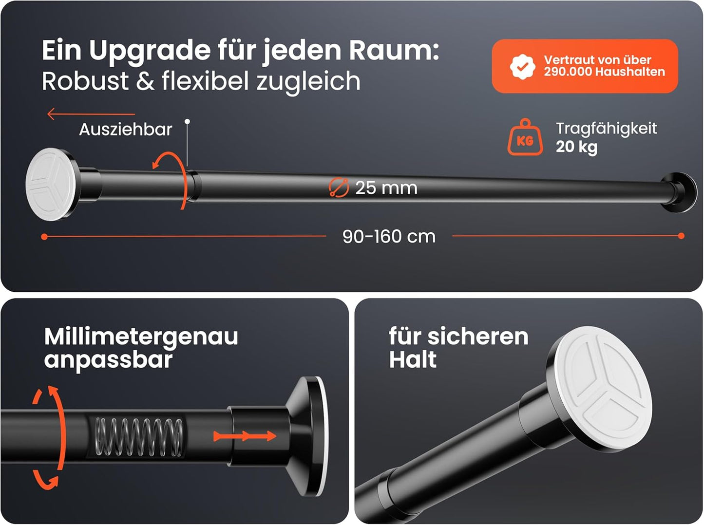 Teleskop-Gardinenstange ohne Bohren (90-160 cm), 90-160 cm Matt Schwarz