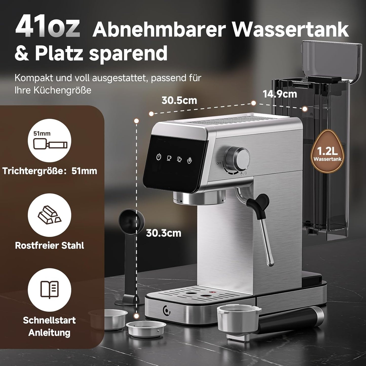 Siebträgermaschine mit LED-Anzeige (2-in-1), Silbrig