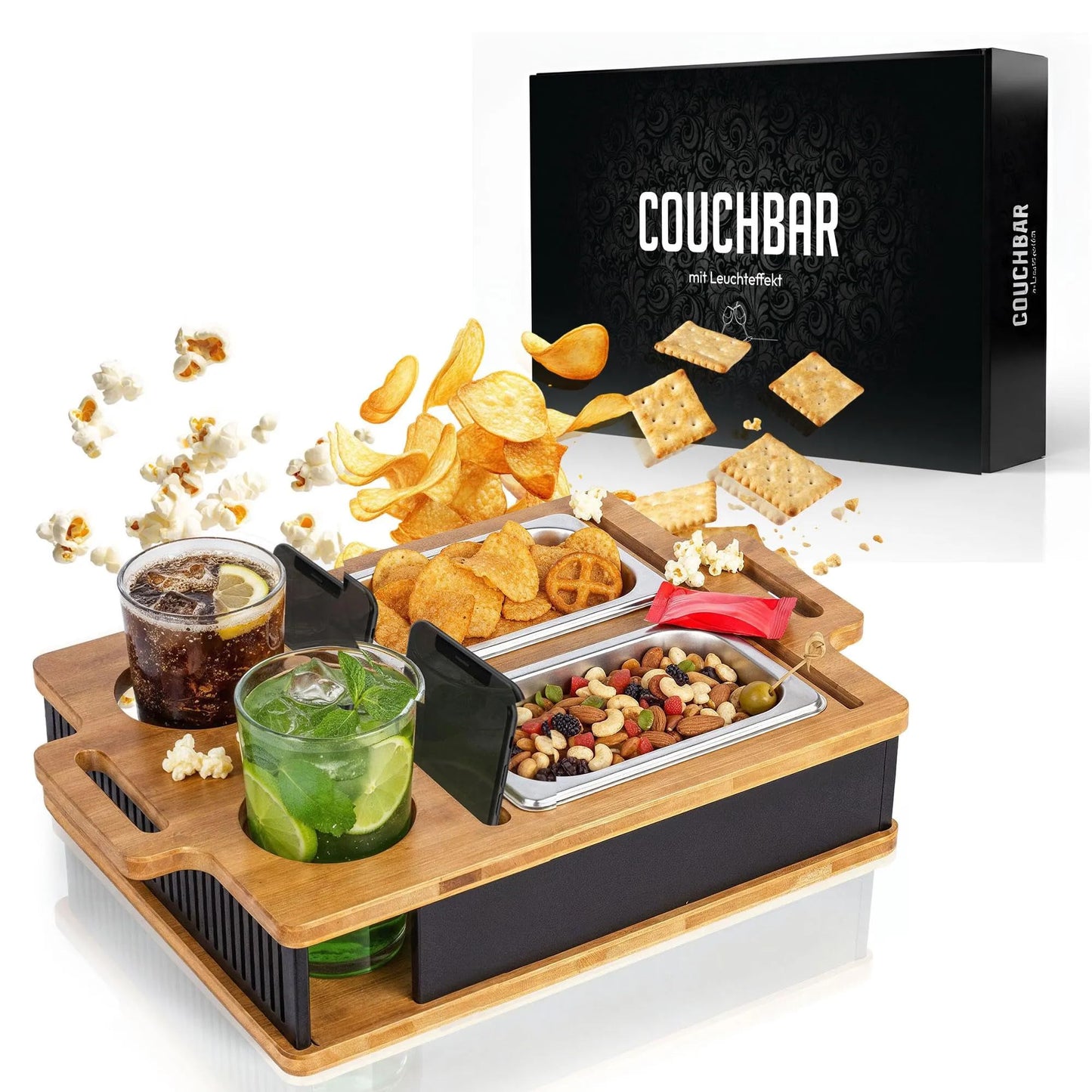 Couchbar mit Leuchteffekt, Schalen,Handy- & Getränkehalter