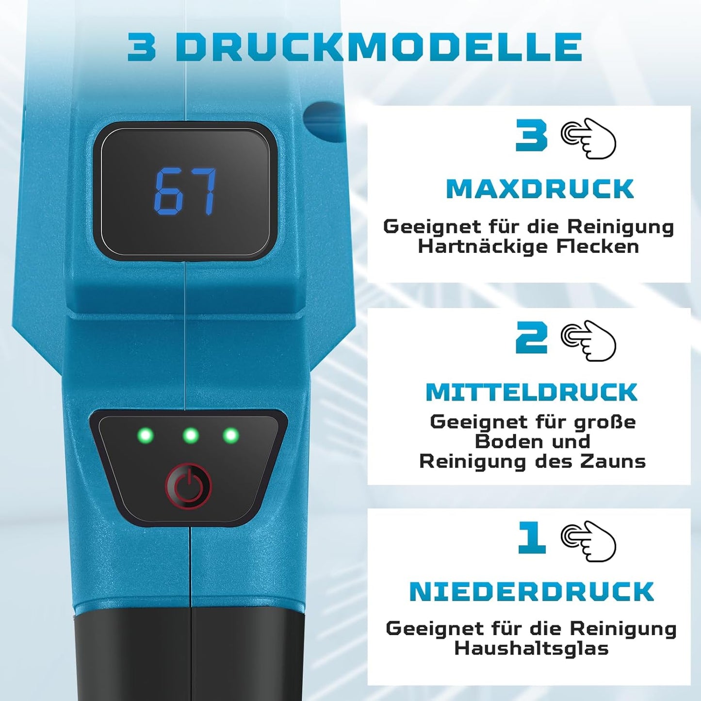 Mobiler Akku-Hochdruckreiniger 21V inkl. 2 Akkus, 120 Bar - 6-in-1-Düse