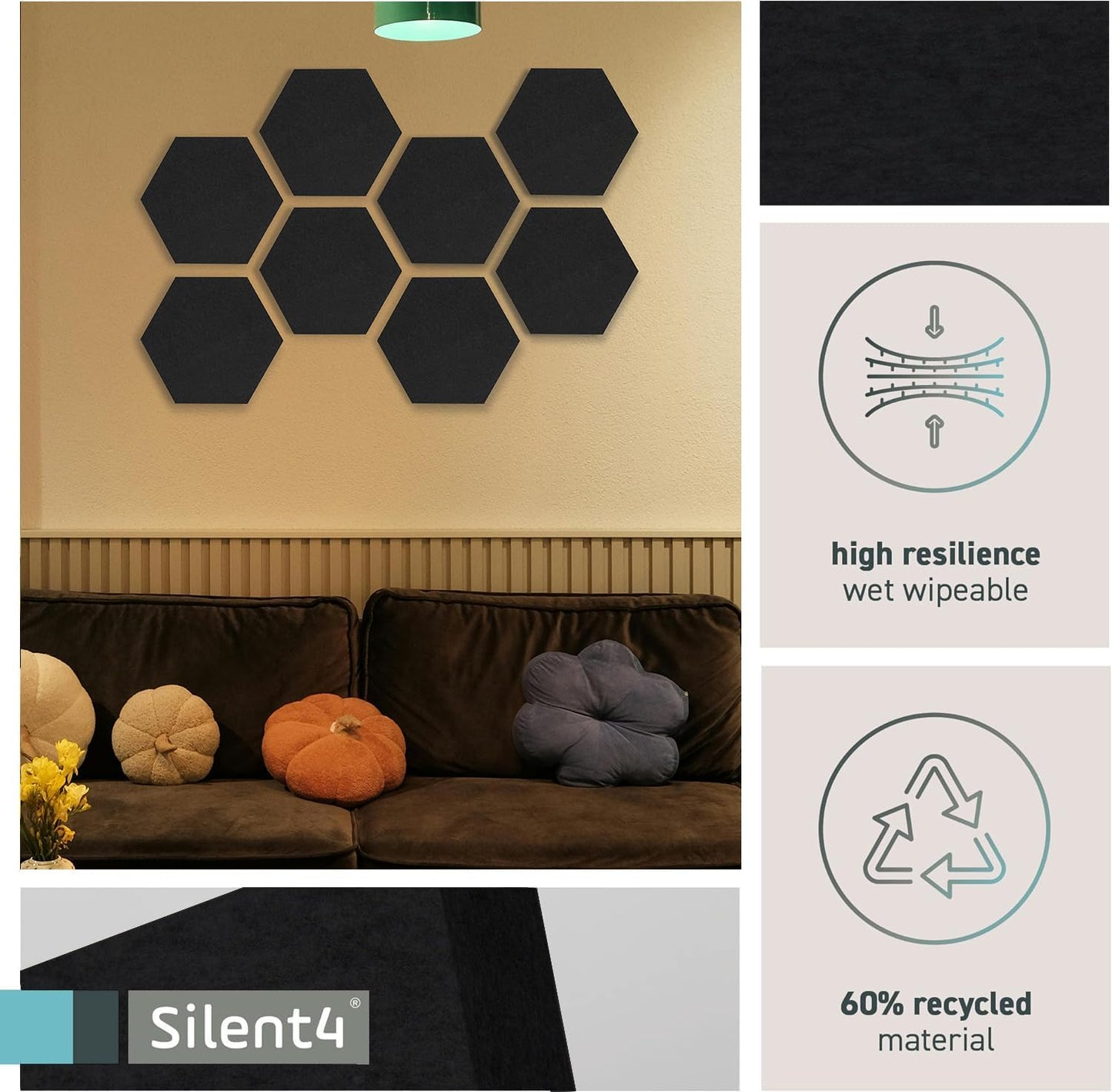 8-teiliges Wand-Set mit Hexagon-Design aus Akustikvlies, Hexagon8 (0,35m²) 01_Schwarz_Hexagon