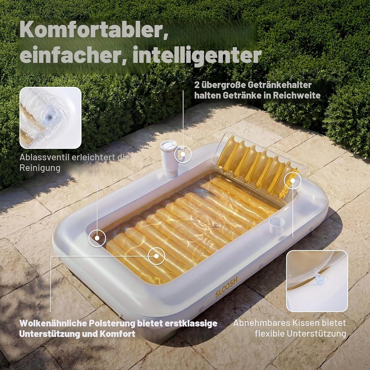 Aufblasbarer Sonnenpool mit abnehmbarem Kissen und Getränkehalter, Gold-Weiss XL