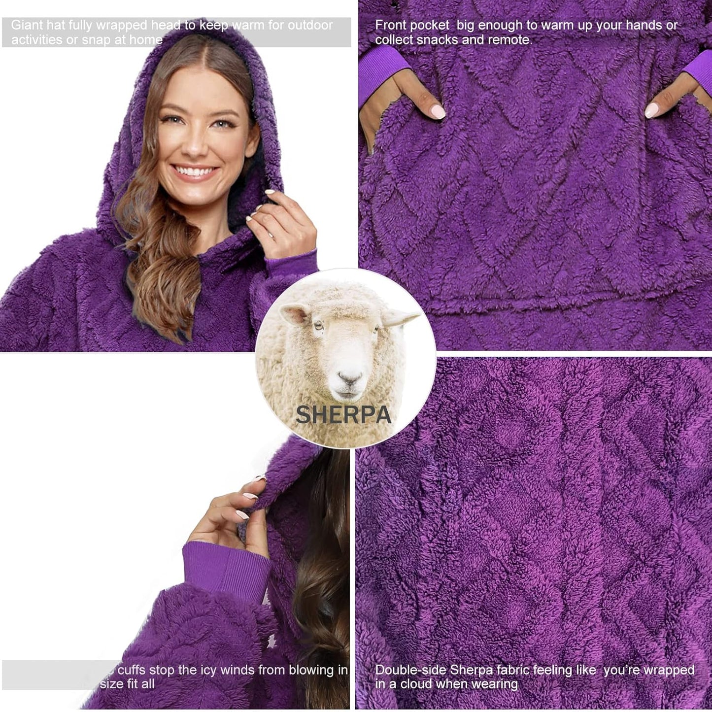 Übergrosse Sherpa-Kapuzen-Decke, Einheitsgröße Jacquard Tiefviolett