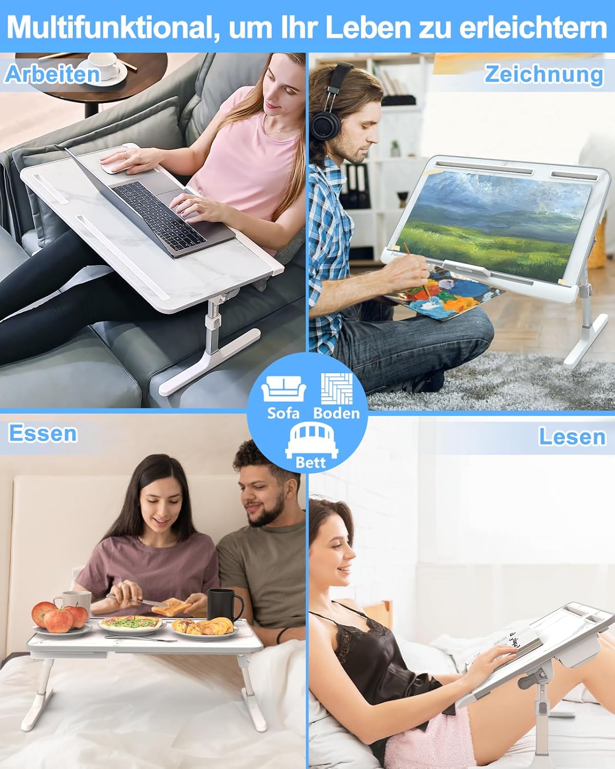 Verstellbarer Betttisch für Laptop und Lesen, Weißer Marmor