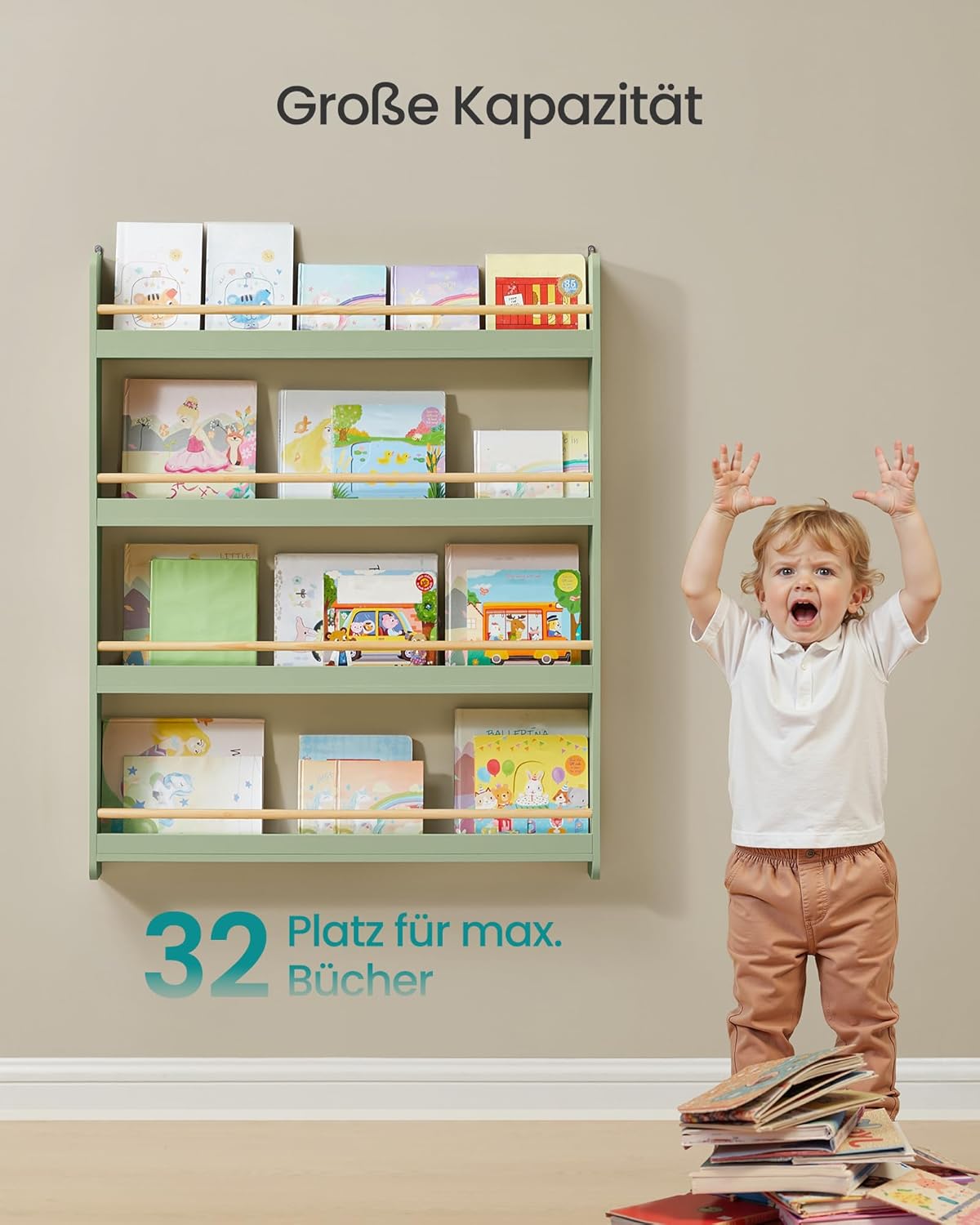 Kinderregal mit 4 Ebenen (80 cm), Lorbeergrün + Naturfarben 4 Ebenen (80 cm)