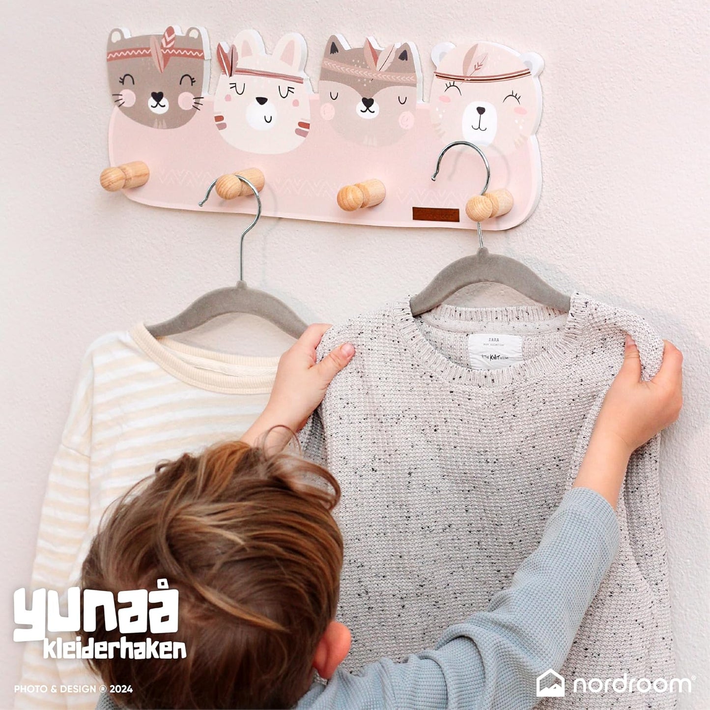 Wandgarderobe yunaå mit Tiermotiven und 4 Haken, yunaå