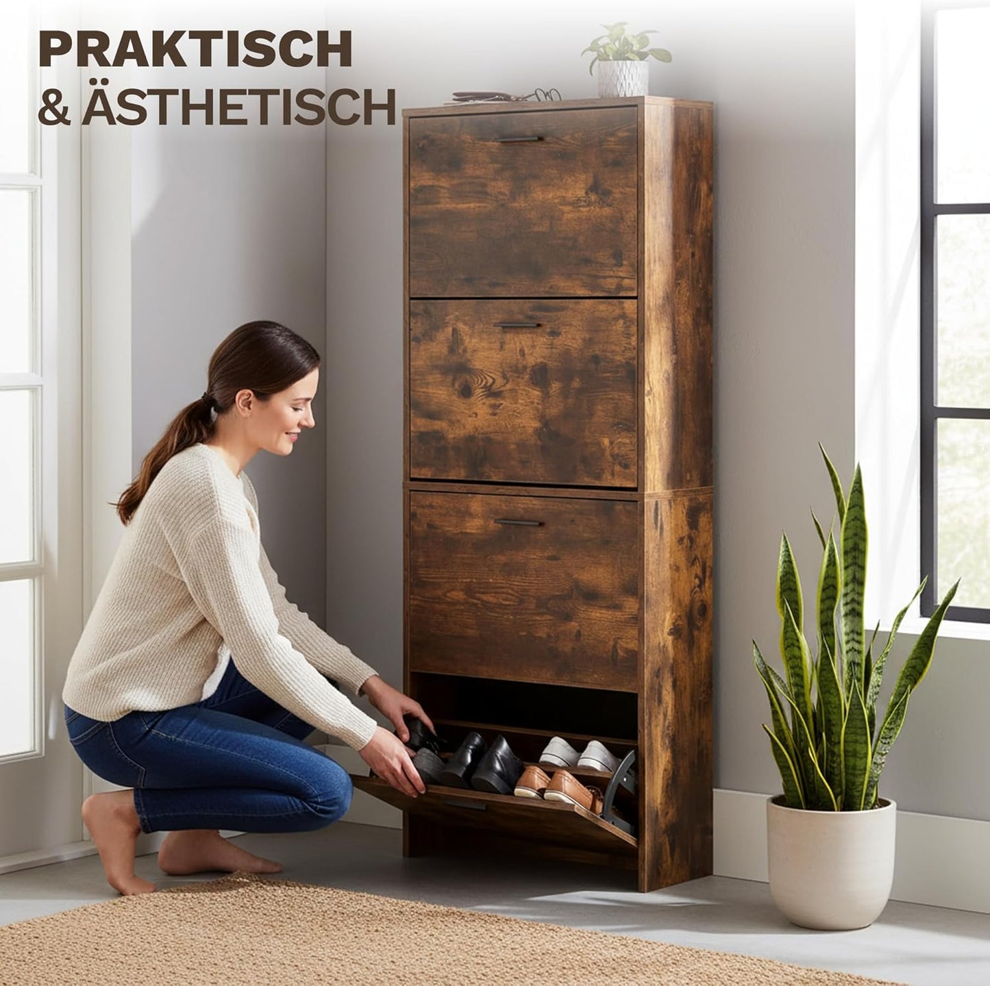 Schmaler Schuhschrank mit 4 Fächern, 4 Fächer Rustikal