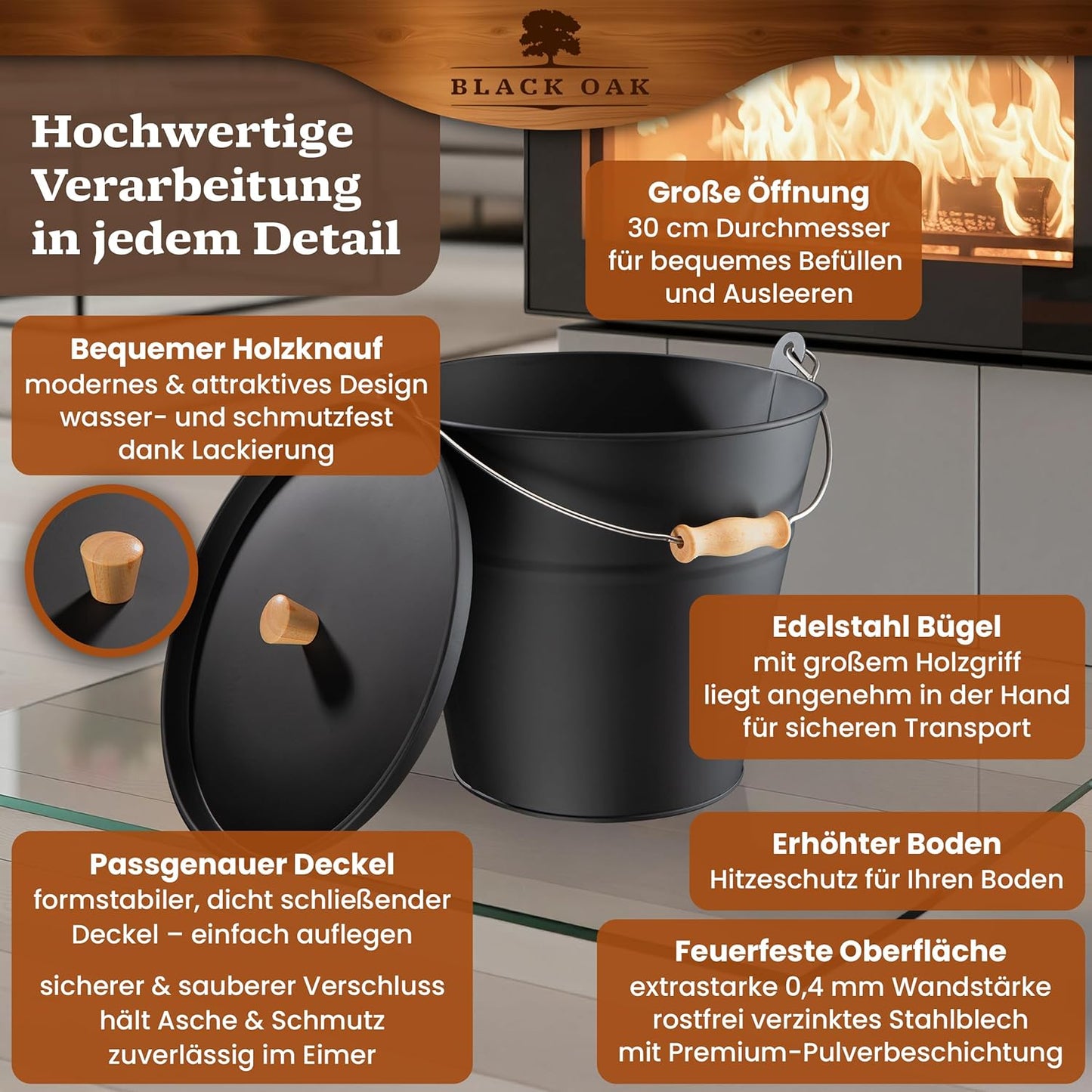 Feuerfester Ascheeimer mit Deckel & Handschuhen, Fuego, Fuego 10L Eimer