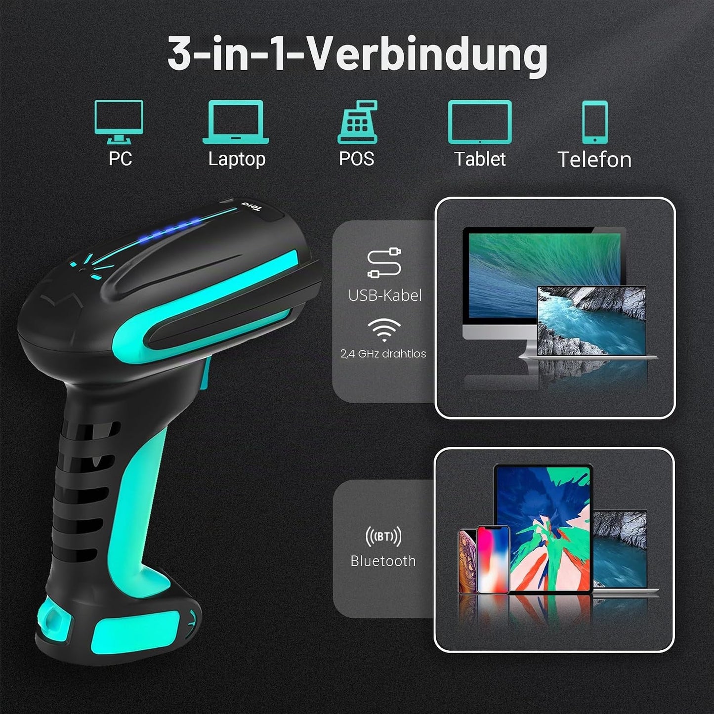 Pro 3 in 1 Barcodescanner 2D/1D kabellos & kabelgebunden, 2D kabellos mit Halterung Blau