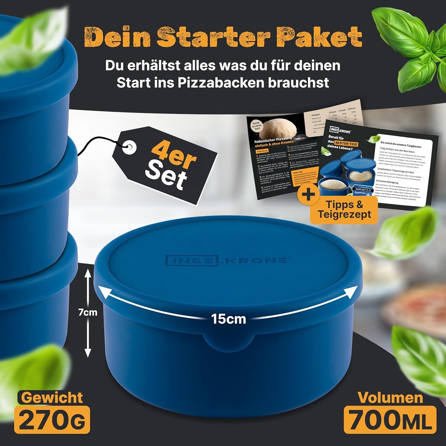 4er-Set Pizzaballenbox mit Deckel, 4 Stück blau