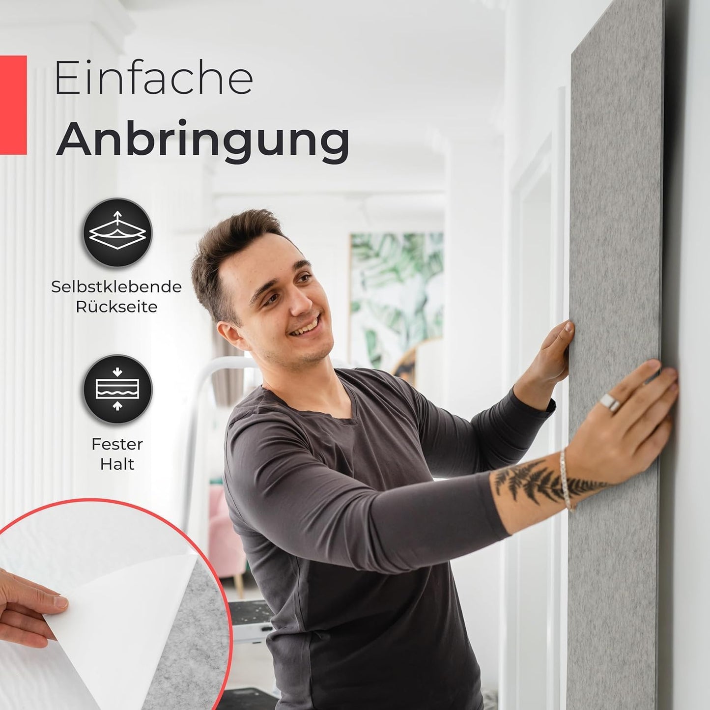 Selbstklebendes Akustikpaneel, 1 Stück | 118 x 59 x 0,9 cm Akustikfilz Grau