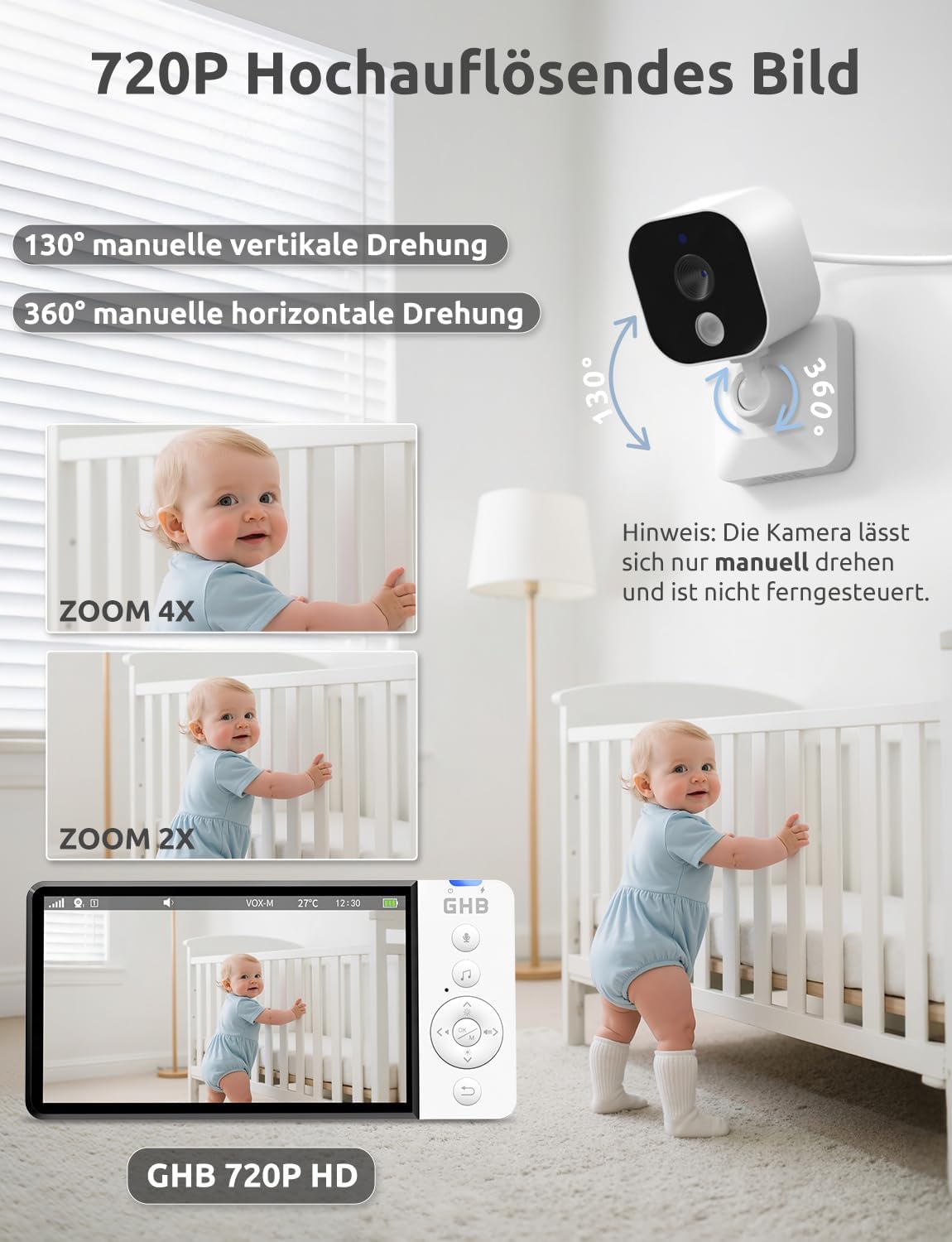 ABM700E Babyphone mit Kamera und 5 Zoll HD-Display, manuell drehbar