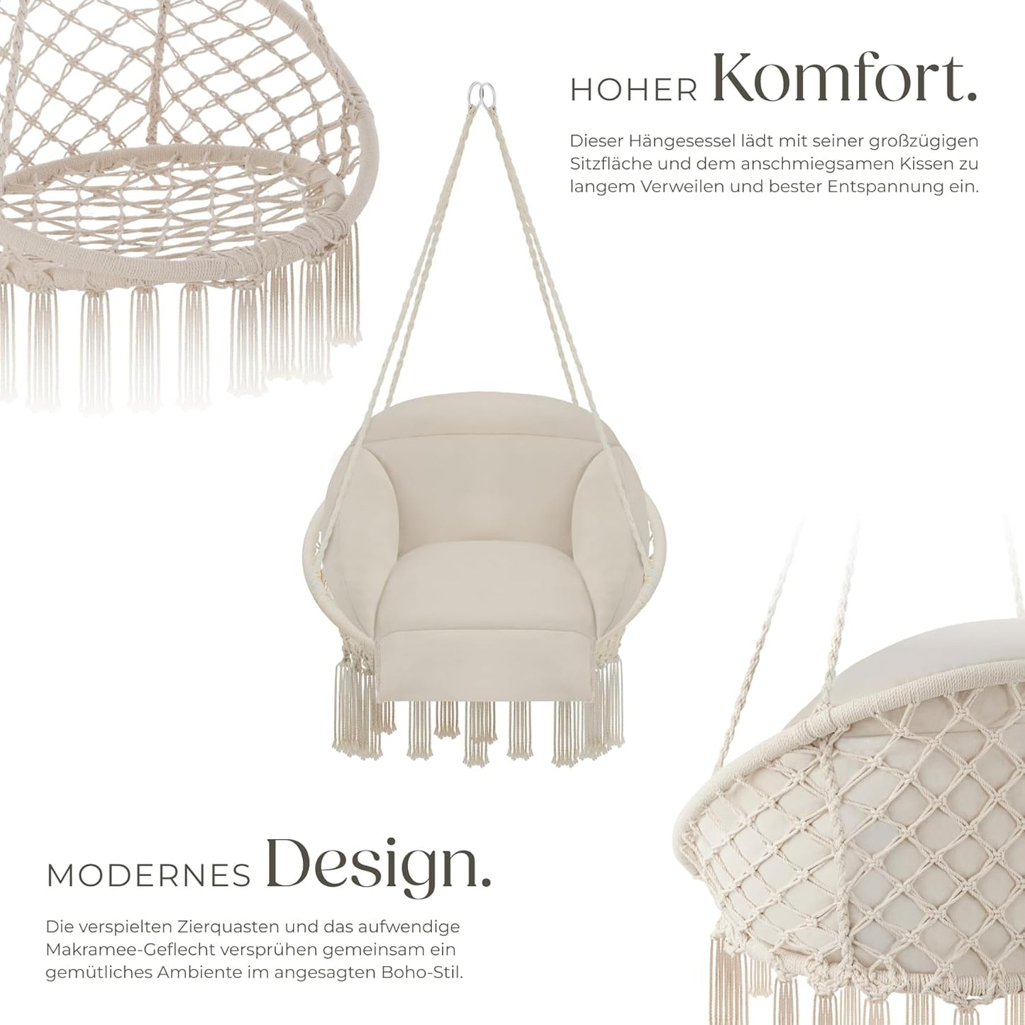 Hängesessel Samira mit Gestell & Kissen, Boho-Stil 80 cm, Beige