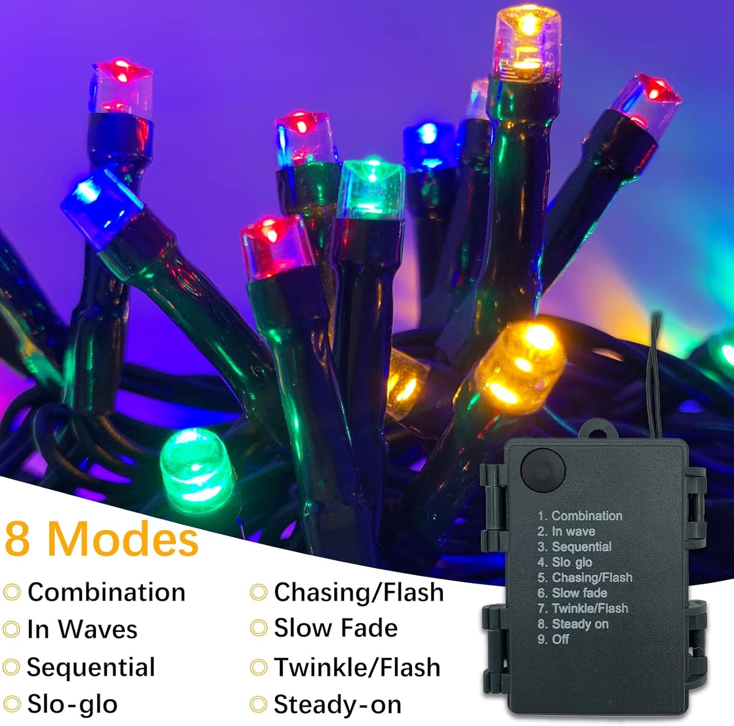 Batteriebetriebe Lichterkette, 2 Stück, Timer, 8 Modi, 2*10m,100LEDs, Bunt