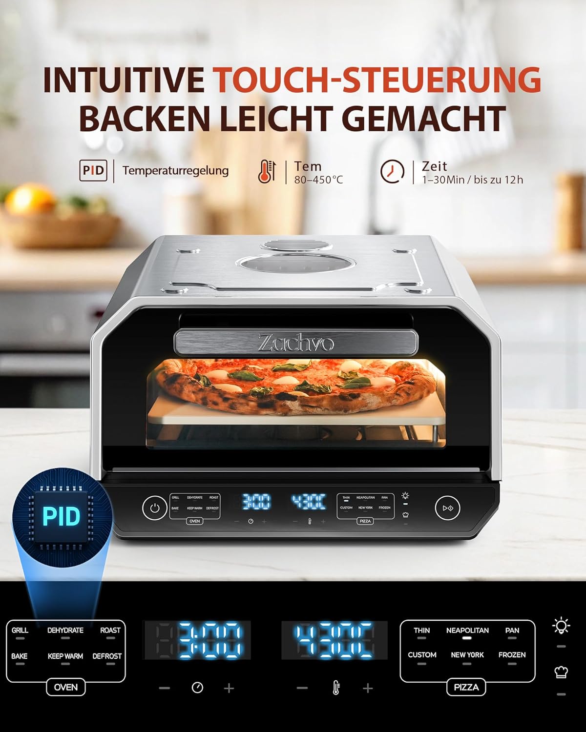 Elektrischer Pizzaofen, Pizzastein & Pizzaschaufel & Backblech Silber