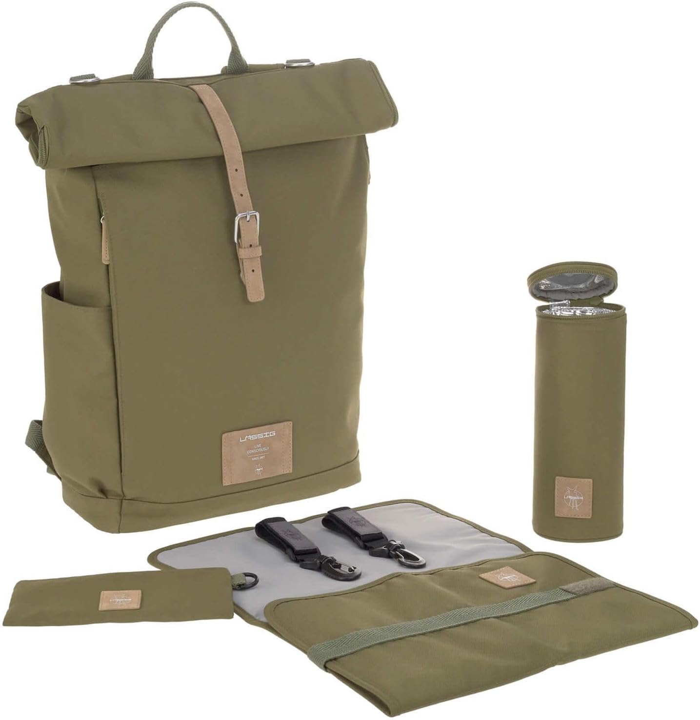 Wickeltasche mit Wickelunterlage und Flaschenhalter, Grün