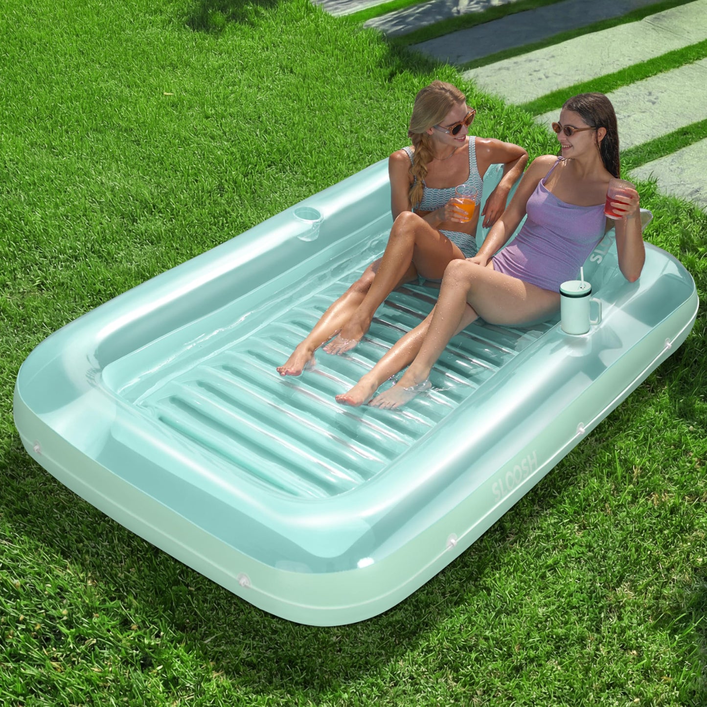 Aufblasbarer Sonnenpool mit abnehmbarem Kissen und Getränkehalter, Cyan XL