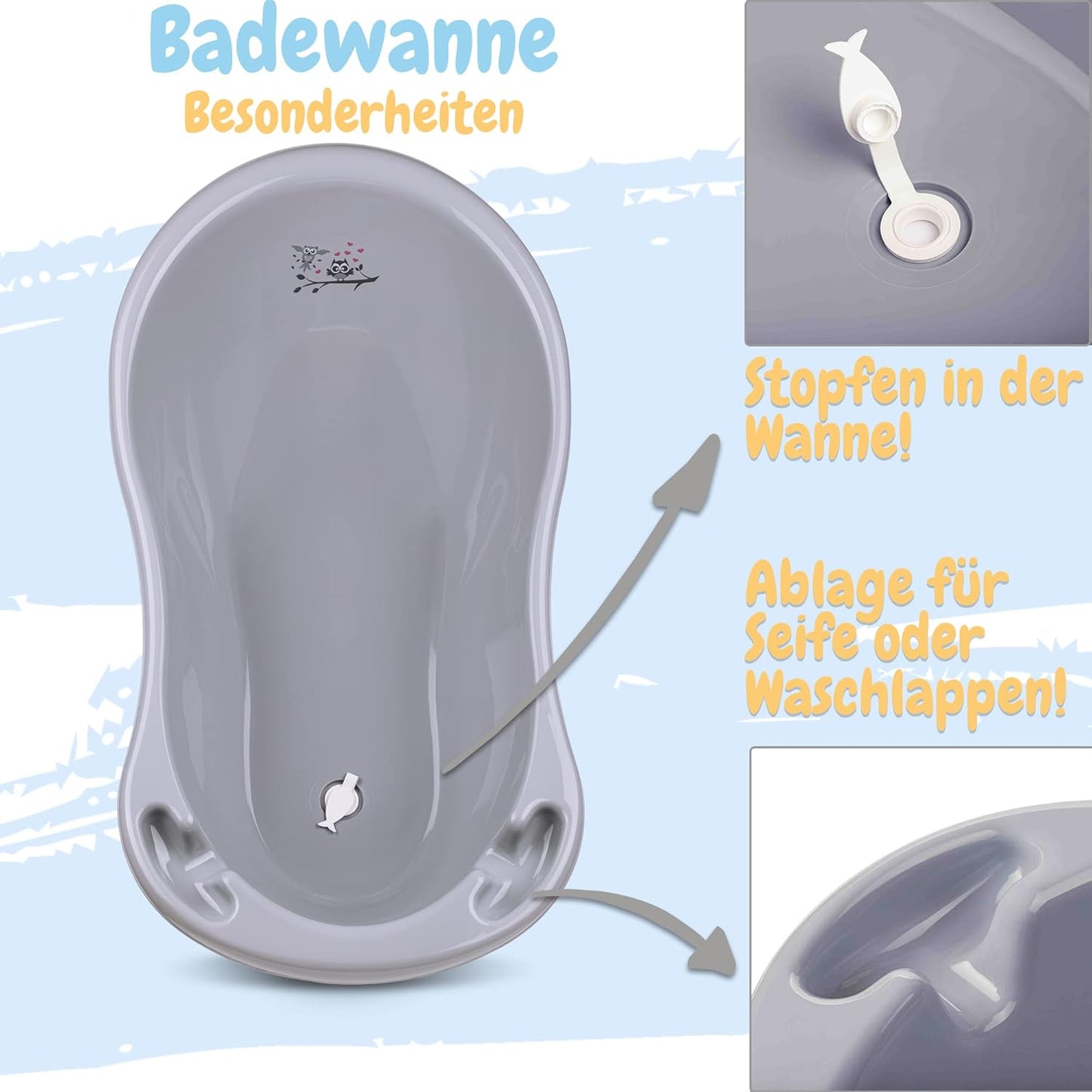 Babybadewanne Eule mit Neugeborenensitz, 2 - Set Eule - grau