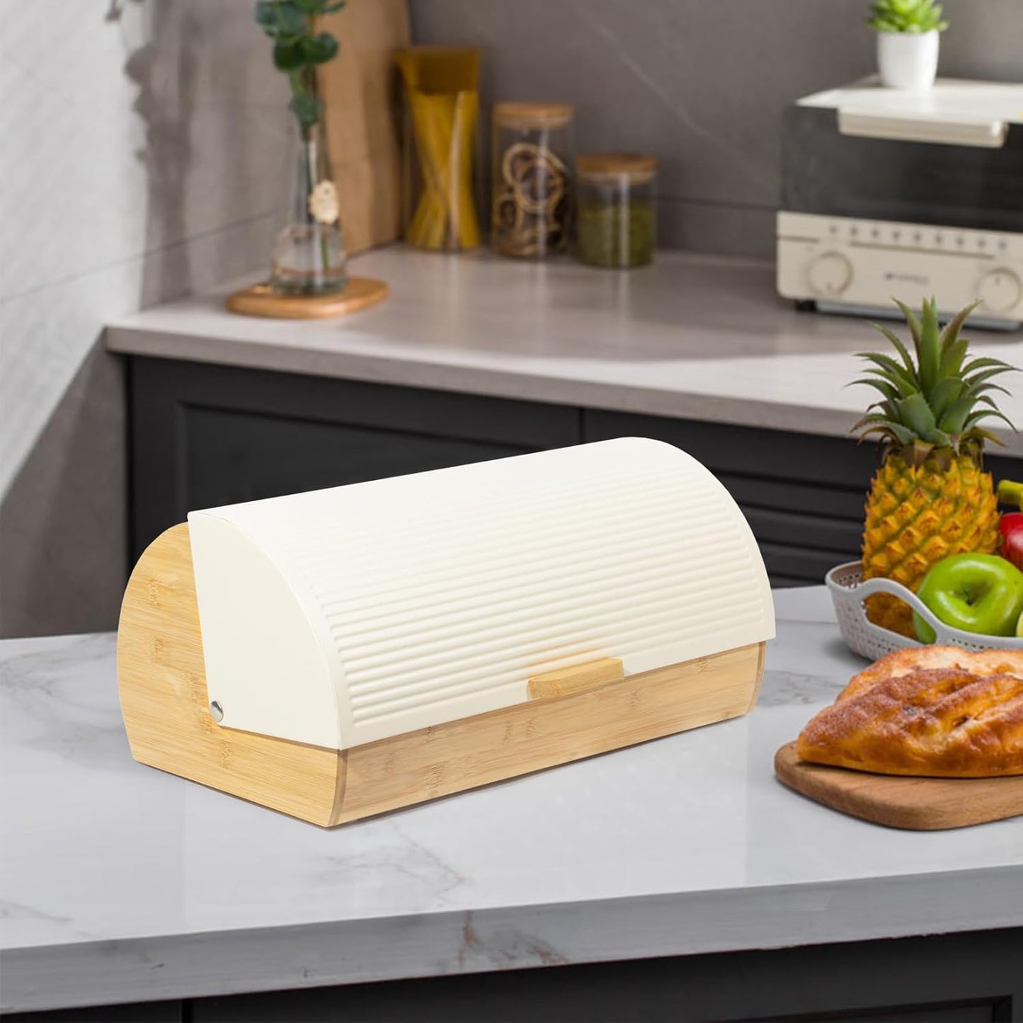 Brotkasten mit Deckel und Brotbeutel, Beige-39cm