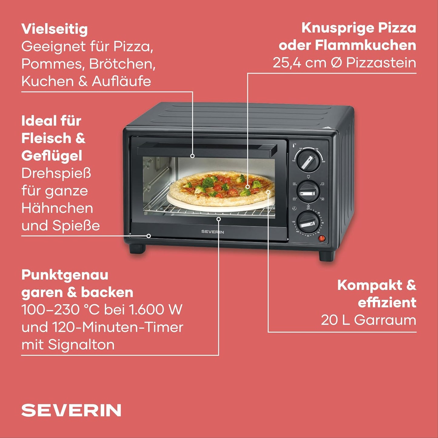 Back- und Toastofen mit Umluftfunktion, 20L, inkl. Pizzastein, NEU 2026: 20L, inkl. Drehspiess & Pizzastein