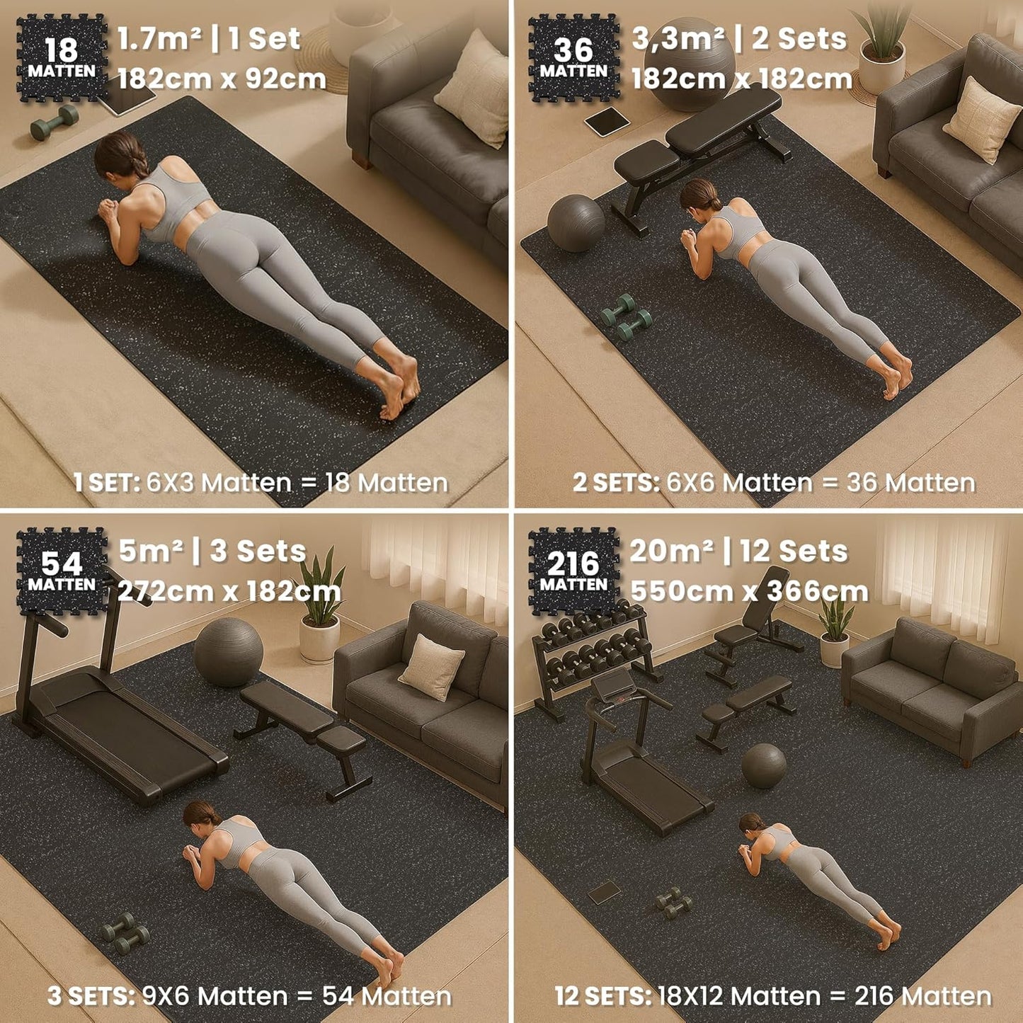 Bodenschutzmatten Set, Rubber Top | 18 Matten | 1,67 M² 30L x 30B x 1D cm