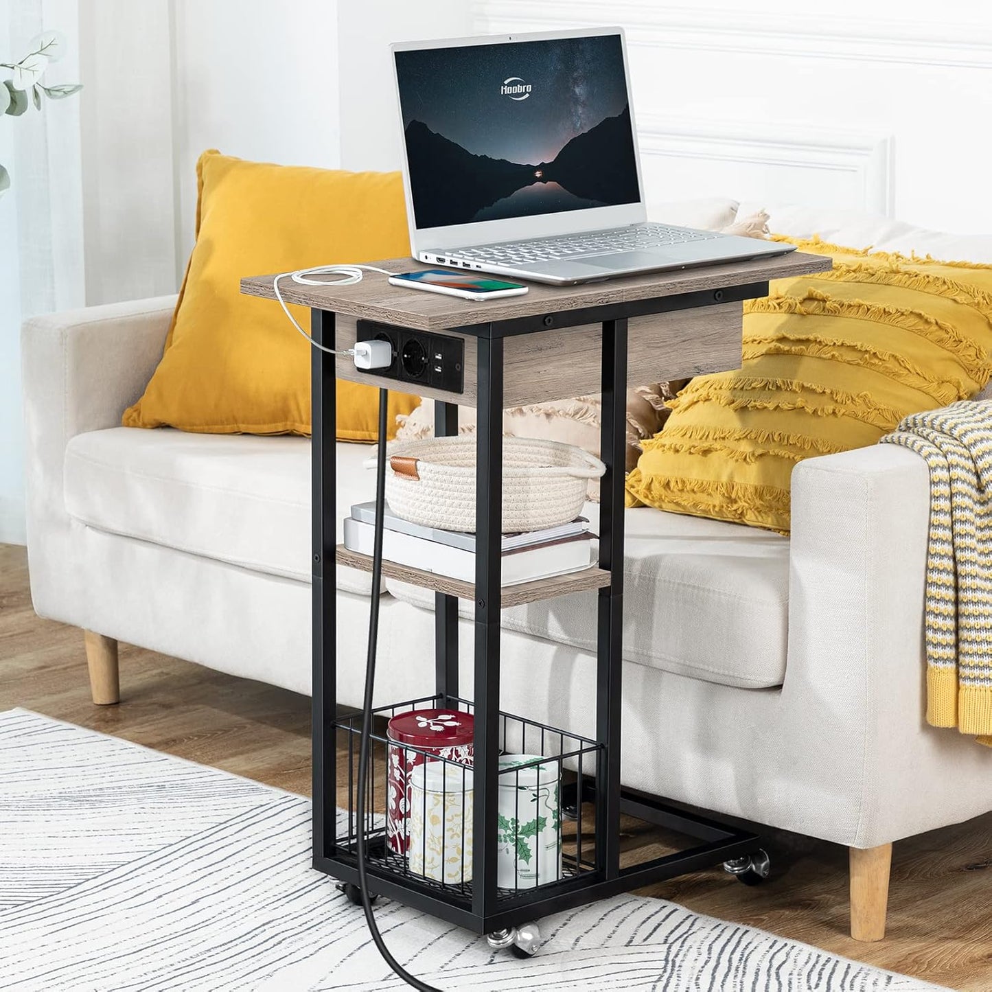 Beistelltisch mit Ladestation, Greige + Schwarz