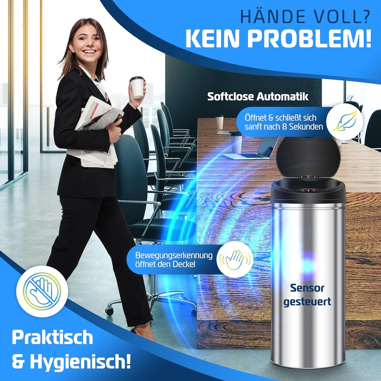 Sensor Abfalleimer mit Automatiköffnung, 56 Liter silber / schwarz