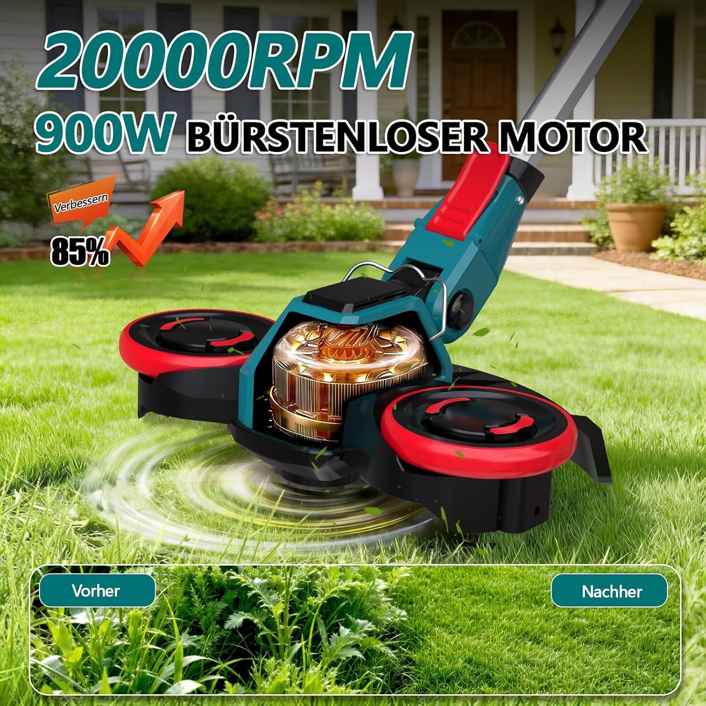 3-in-1 Akku Rasentrimmer mit Unkrautbürste, Blau