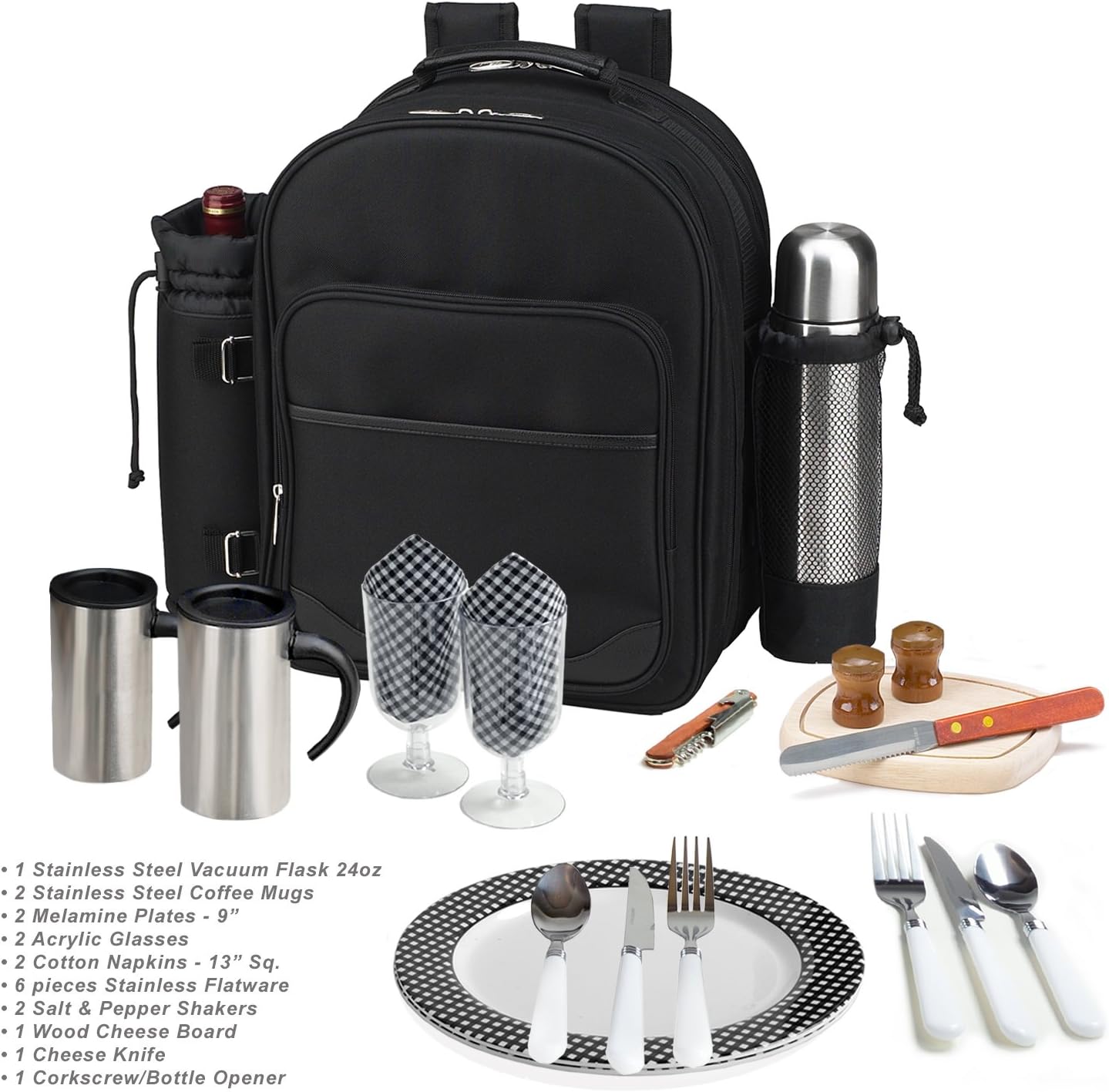 Picknick-Rucksack für 2 Personen, Black With Gingham Napkins