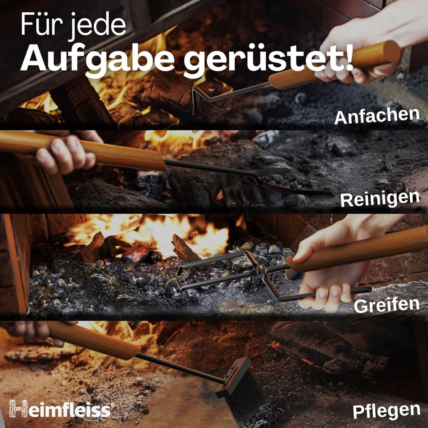 Kaminbesteck-Set mit Holzgriffen, Schwarz mit Holzgriffen - Design 40