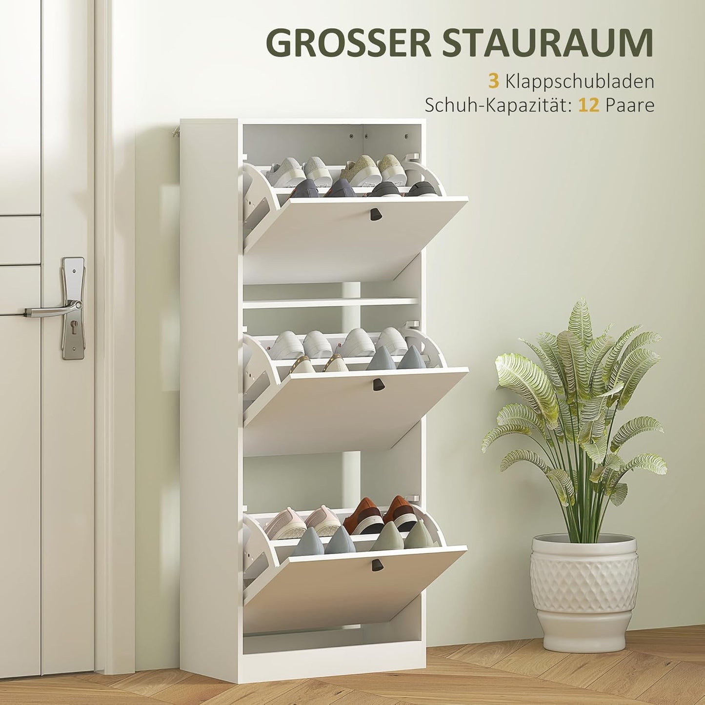 Schuhschrank mit 3 Klappen und verstellbaren Trennwänden, 47L x 26B x 120H cm