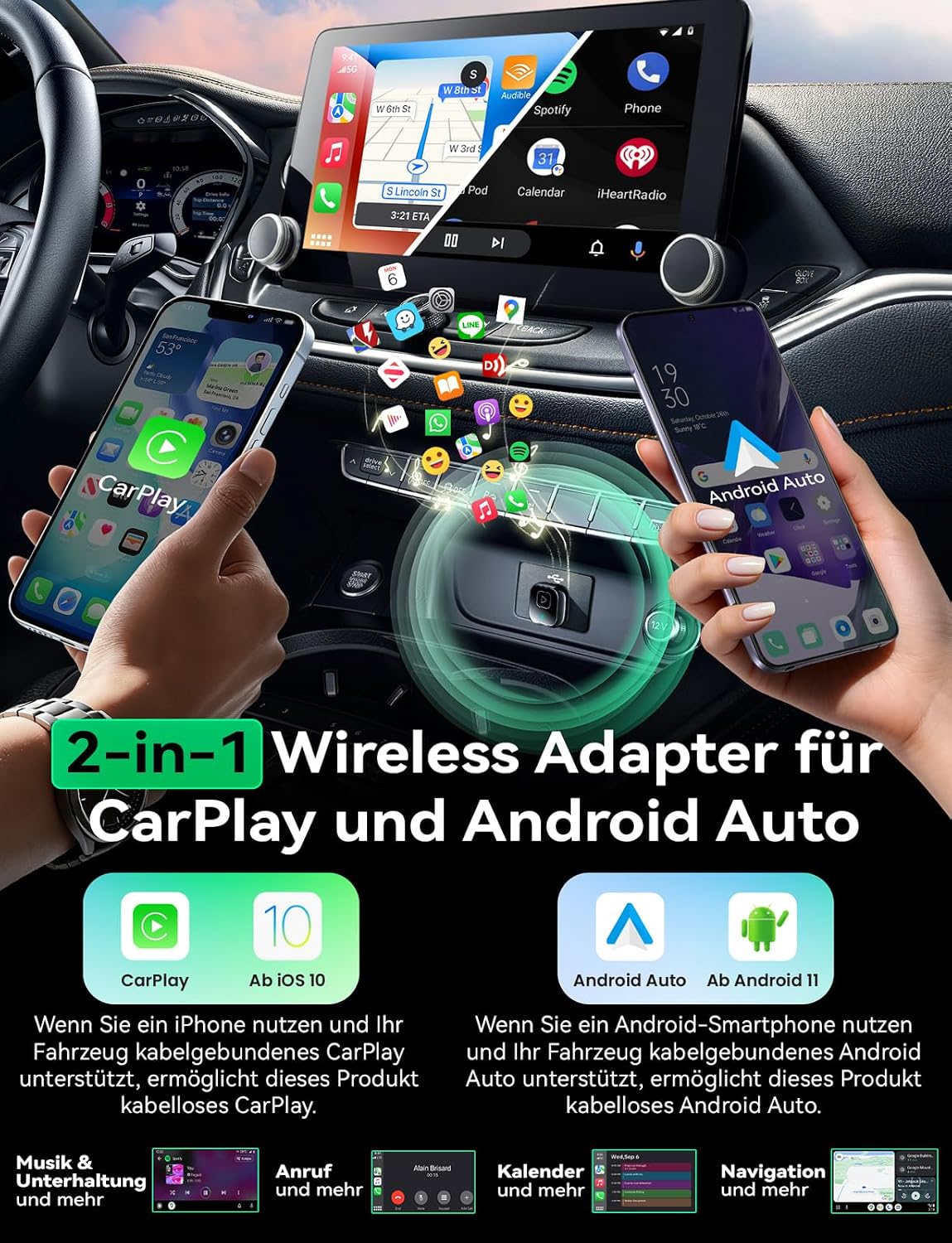 Wireless Carplay & Android Auto Adapter, Tiefschwarz