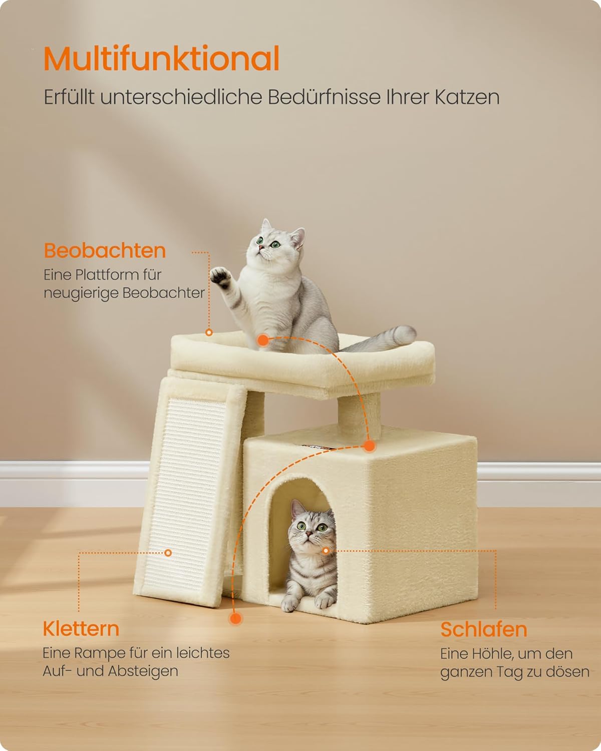 Katzenkratzbaum mit Plattform und Höhle (46,4 cm), sandbeige S (51 x 39,2 x 46,4 cm)