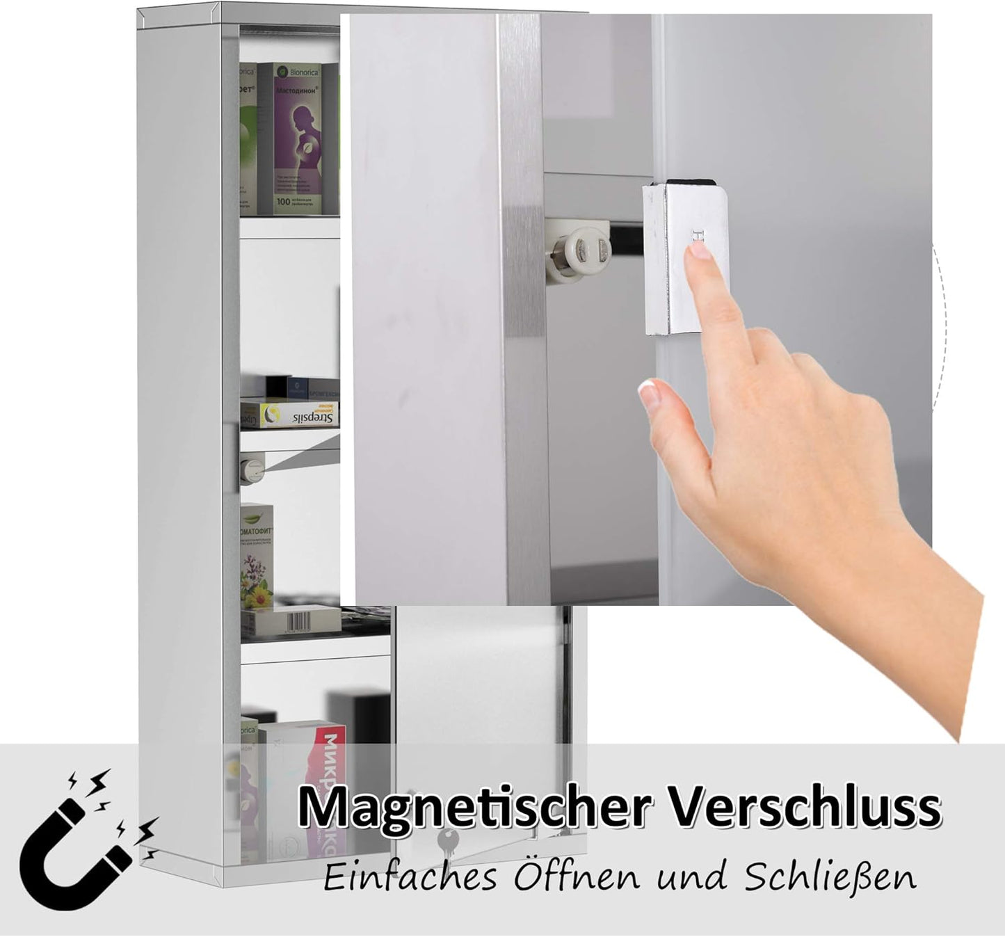 Abschliessbarer Medizinschrank mit 4 Fächern, Silber B30 x T12 x H60 cm