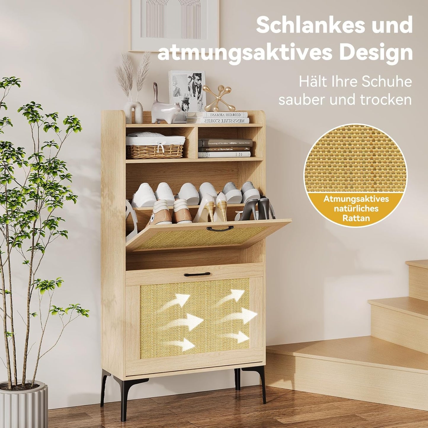 Schuhkipper mit Rattan-Dekor, Eiche 60cm