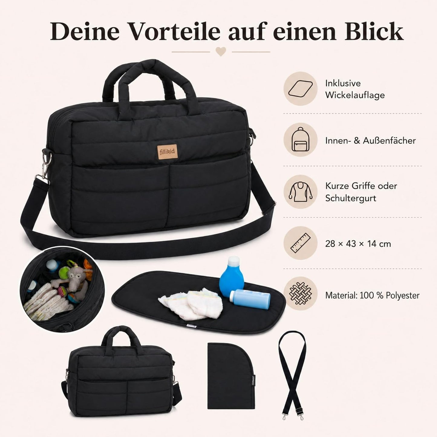 Wickeltasche Toulouse mit Wickelauflage & Fächern, Schwarz