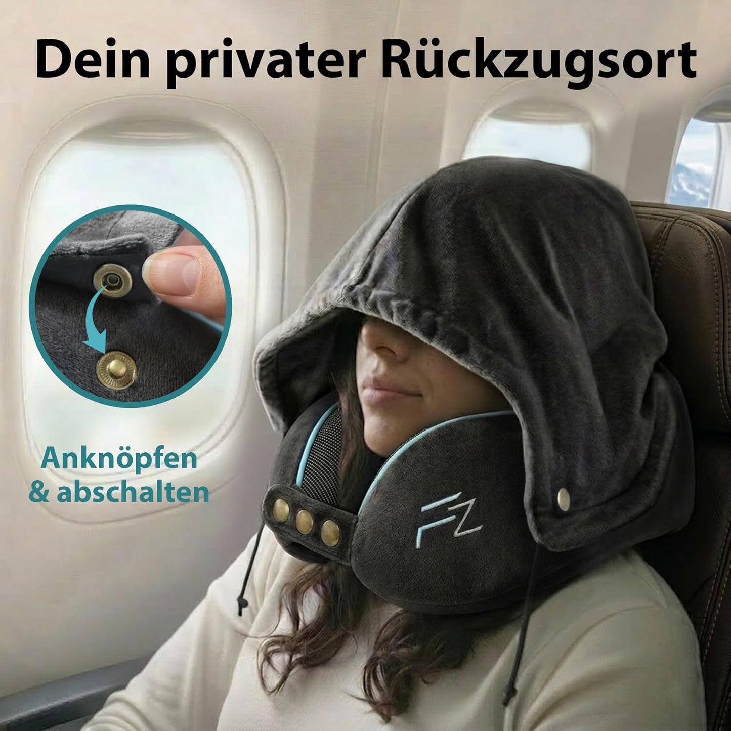 Nackenkissen für Flugzeug und Auto, 2.2.1. Comfy With Hood - Schwarz
