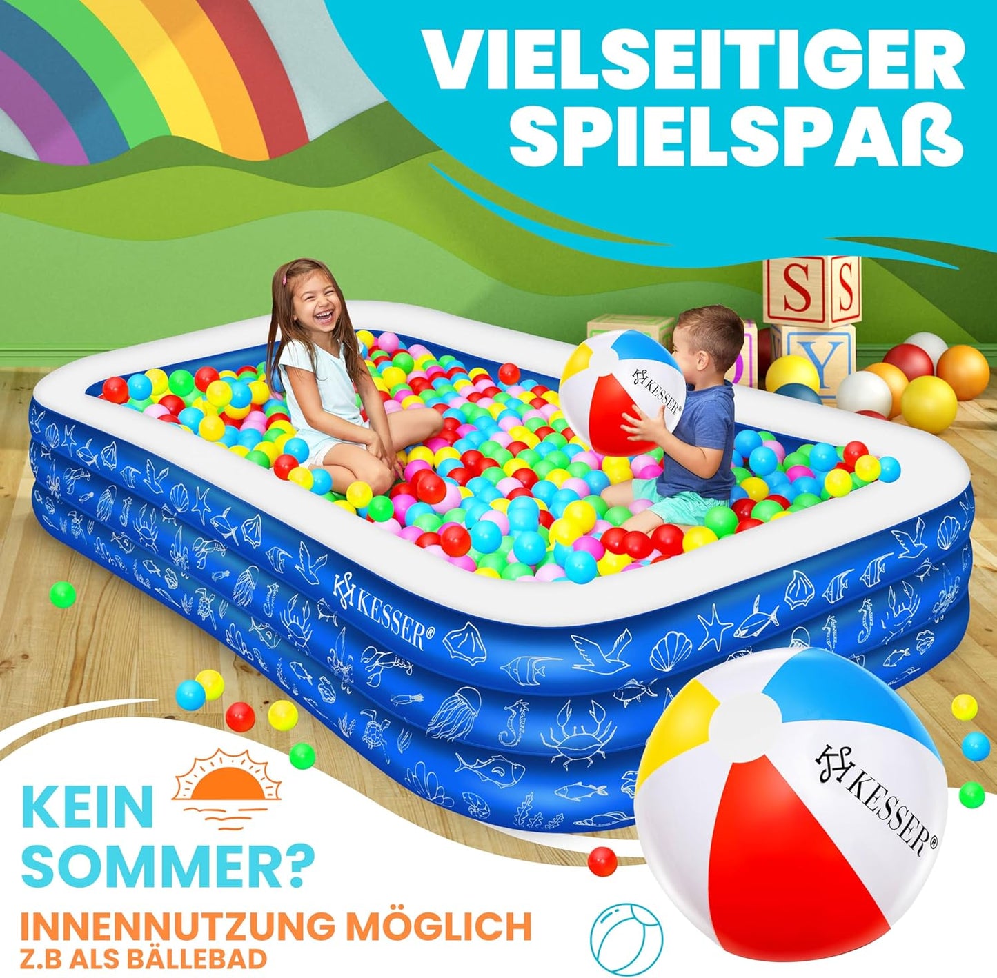 Aufblasbarer Familienpool 305x183x56 cm, Blau 3 Meter
