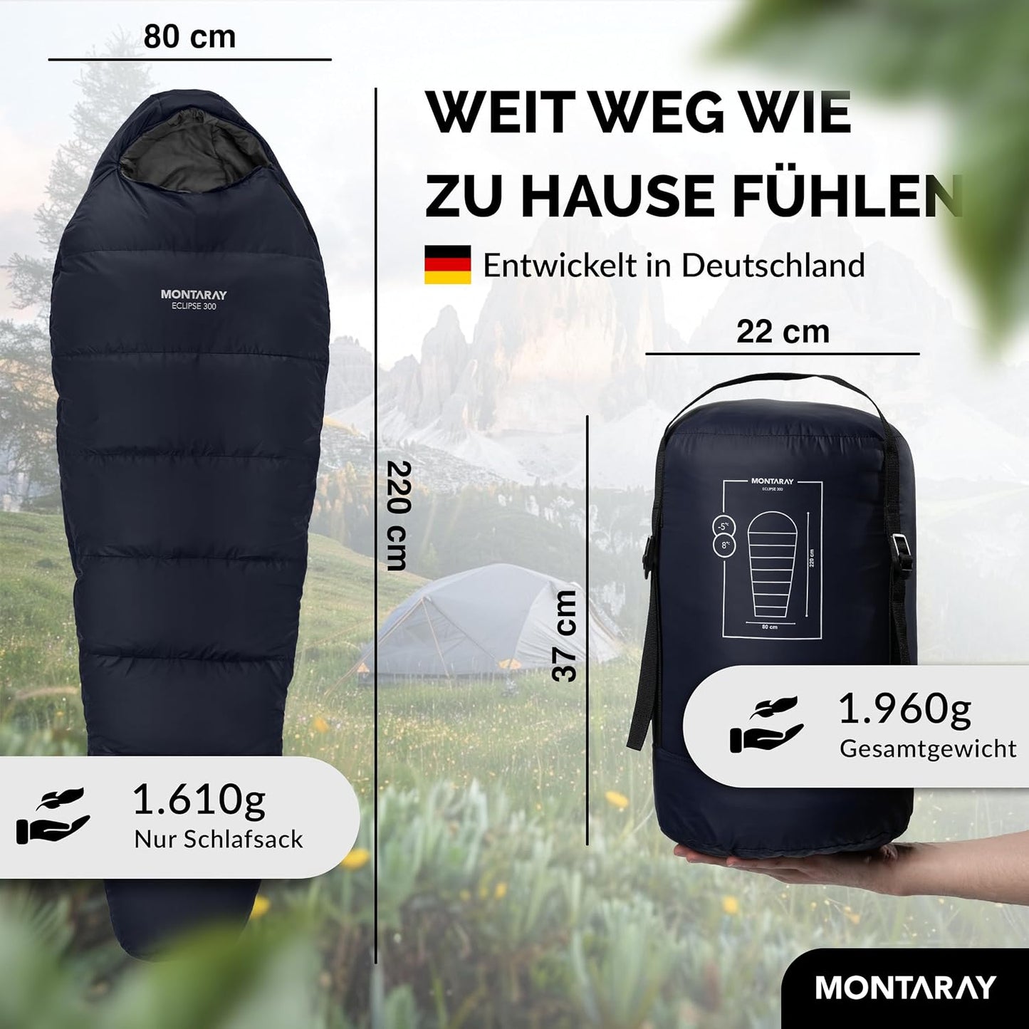 Mumienschlafsack mit Kissen, Blau
