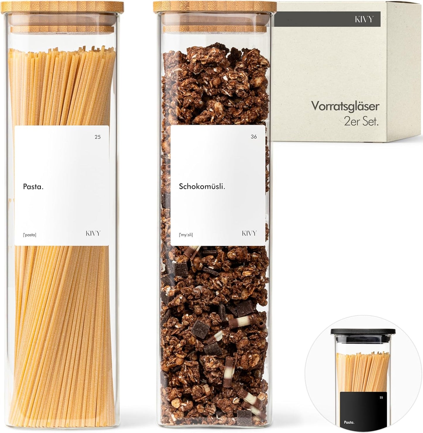 Vorratsglas-Set (2x 1800ml) mit Etiketten, Bambus 2x 1800ml