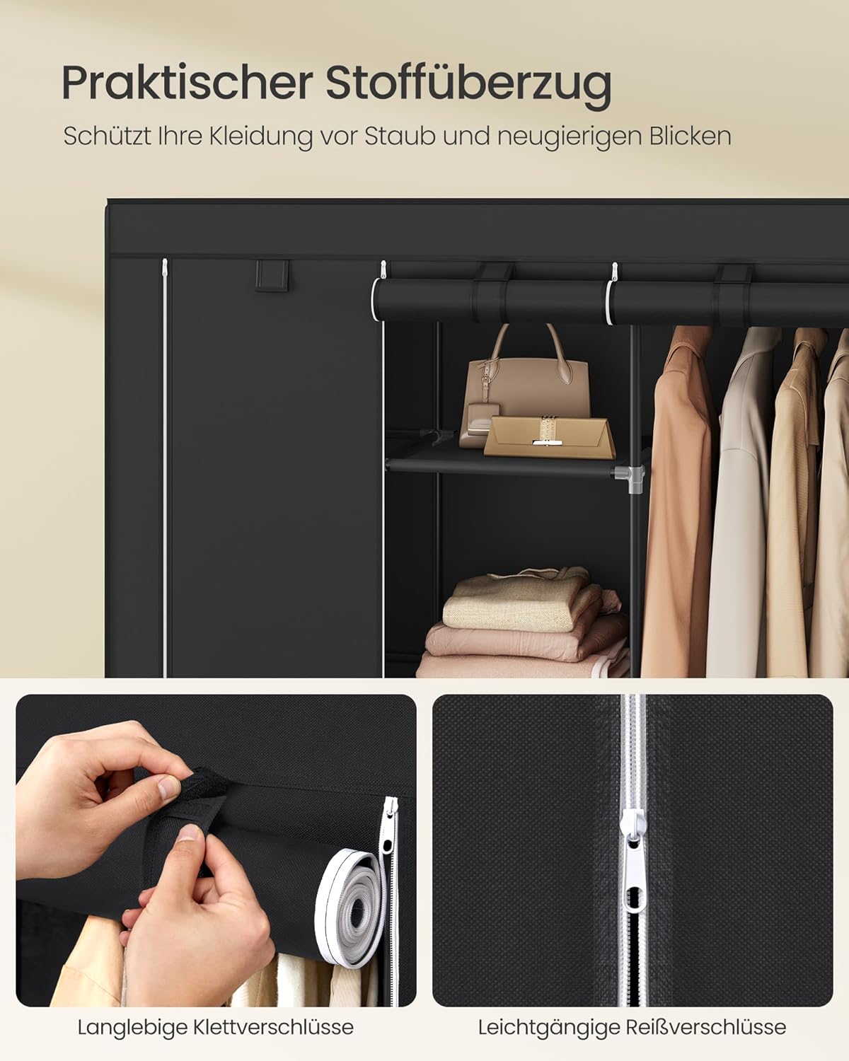 Kleiderschrank mit Vliesstoffbezug, Schwarz 130x46x168cm