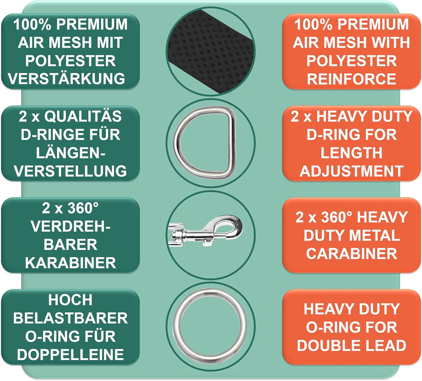 Premium Hundeleine Air Mesh 2m, 3-fach verstellbar, [S/M] - 2,0 x 200 cm Schwarz