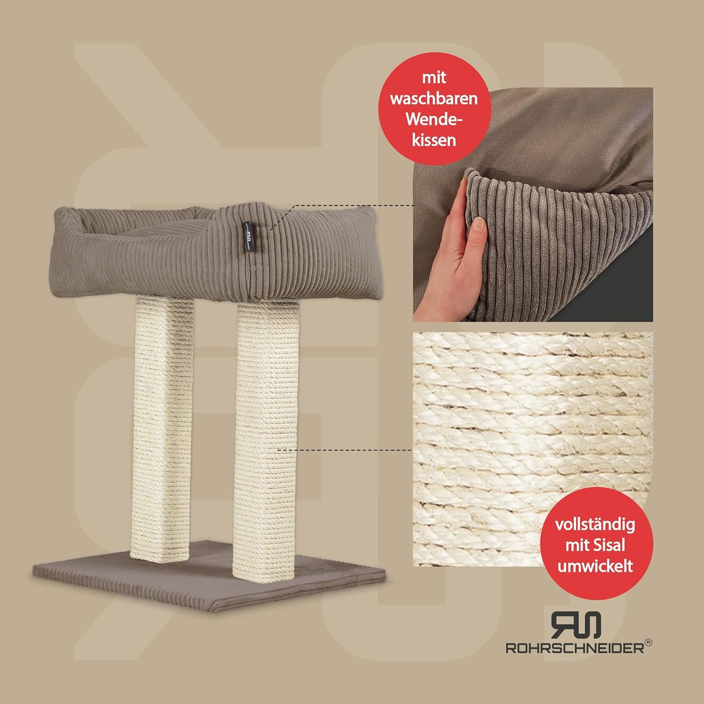 Moderner Kratzbaum, Cordstoff breit taupe