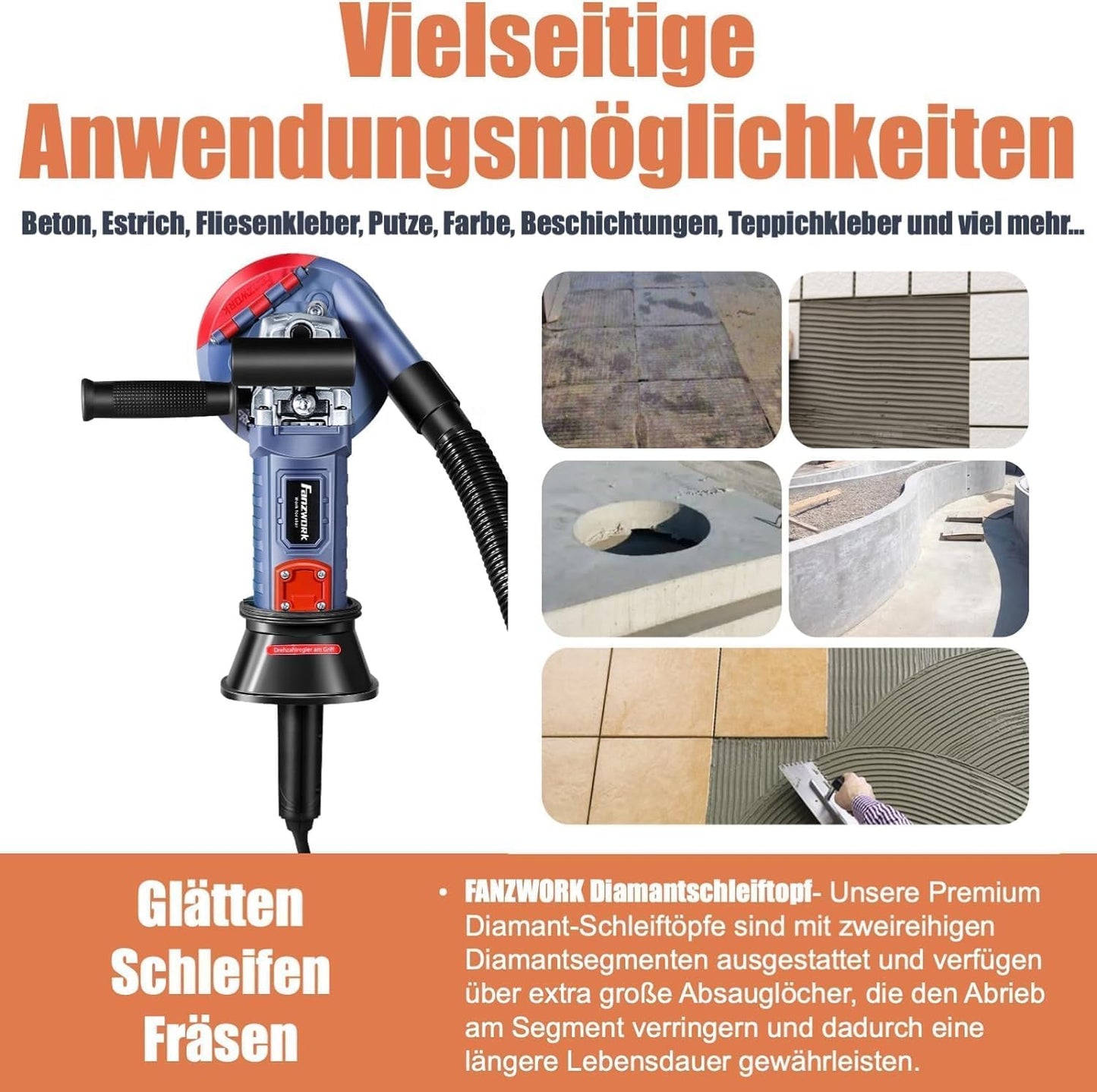 Betonschleifer Set mit Absaughaube und Schleiftöpfen, T-Model/125mm+