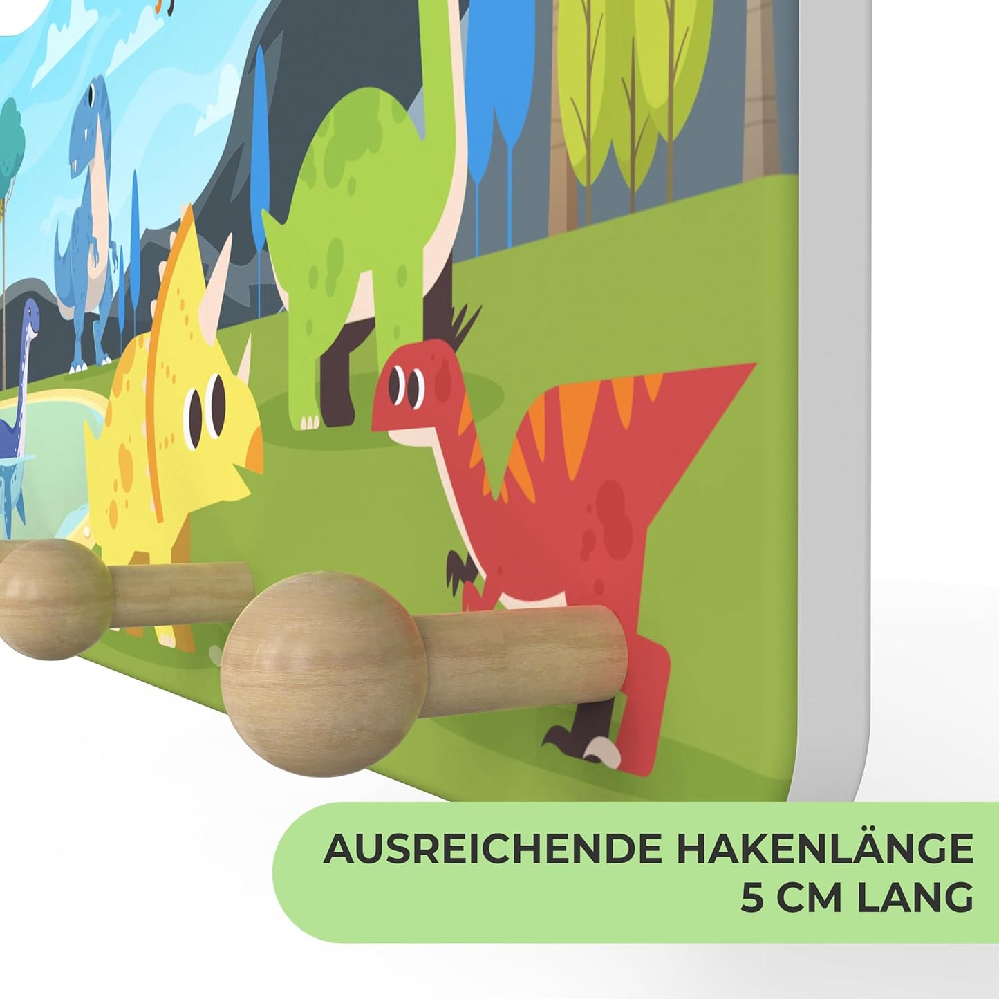 Dino-Motiv Kindergarderobe mit 4 Haken, Dino