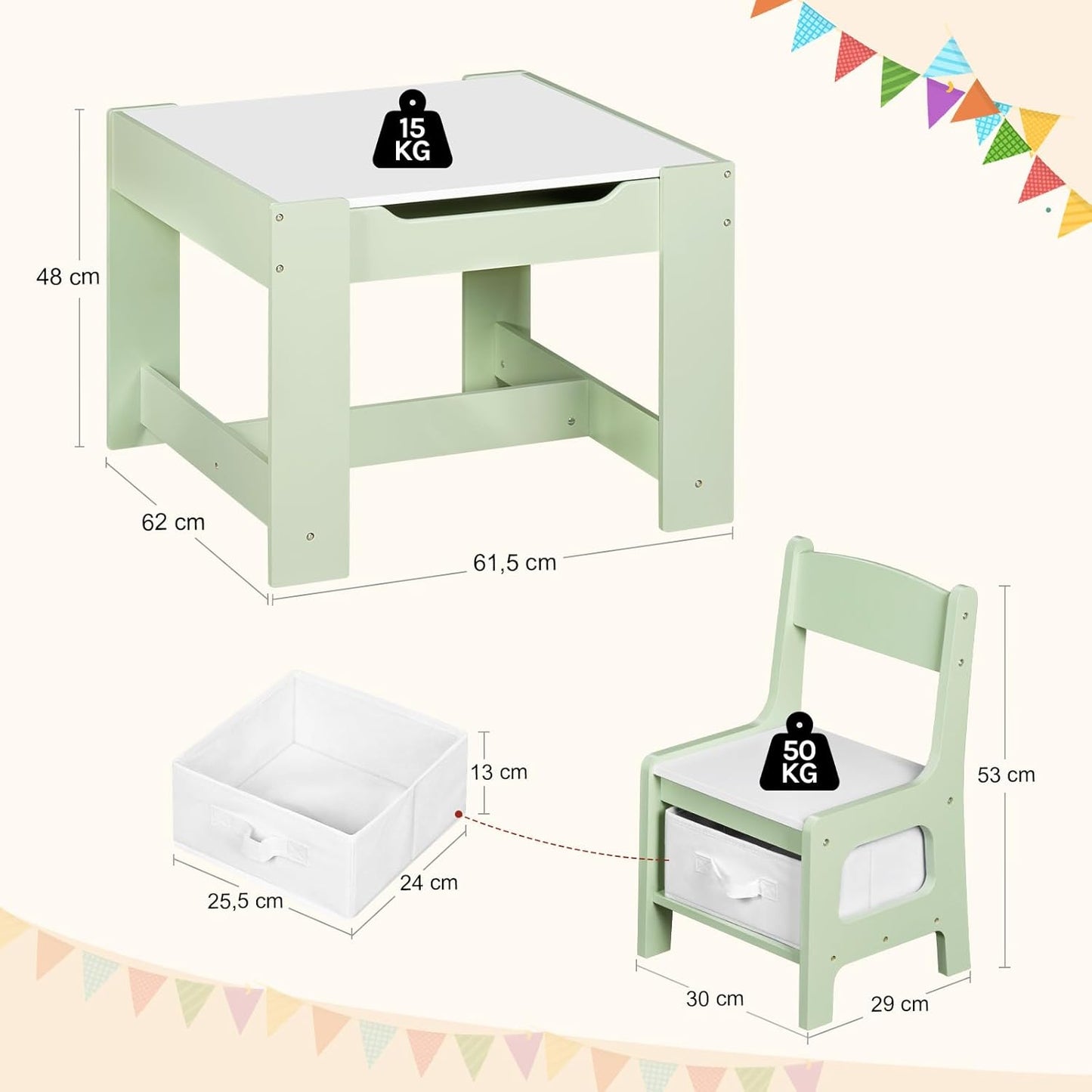 Kindertisch mit Stühlen und Stauraum, Grün + Weiss
