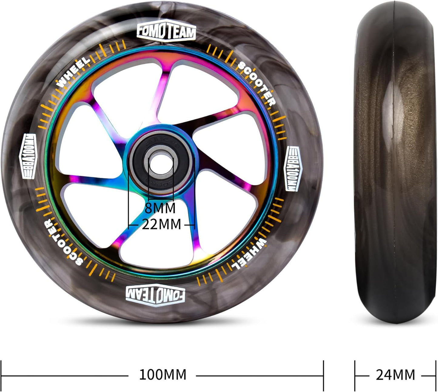 2er-Pack Stuntscooter Ersatzräder, Schwarzer PU-Regenbogenkern